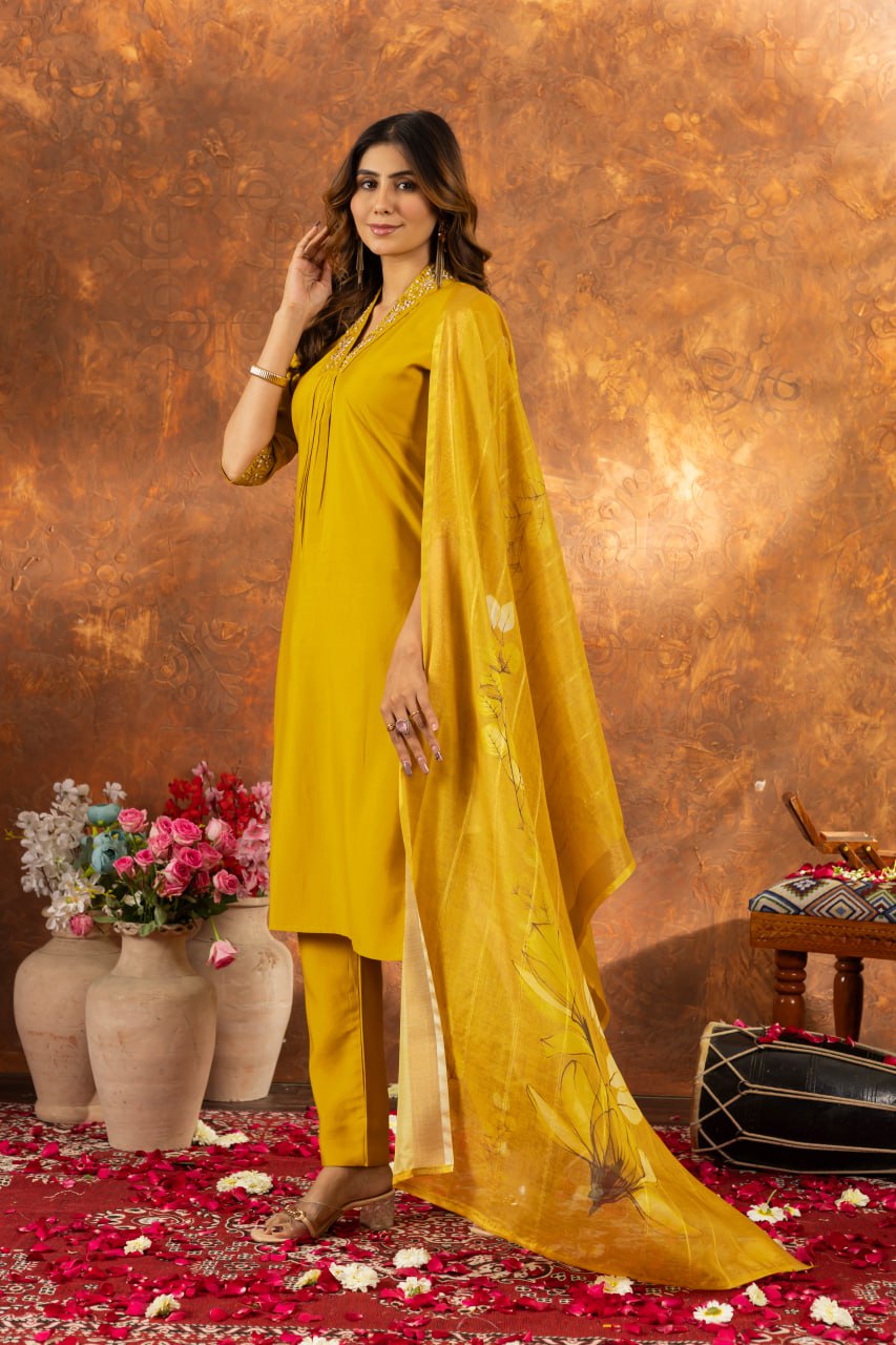 Roman Silk Straight Kurti Pant Dupatta Set with Embroidery Sequins and Hand Work