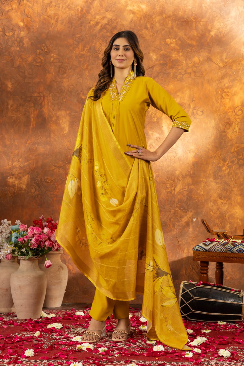 Roman Silk Straight Kurti Pant Dupatta Set with Embroidery Sequins and Hand Work