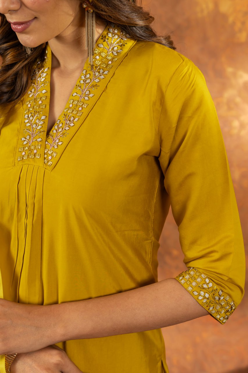 Roman Silk Straight Kurti Pant Dupatta Set with Embroidery Sequins and Hand Work