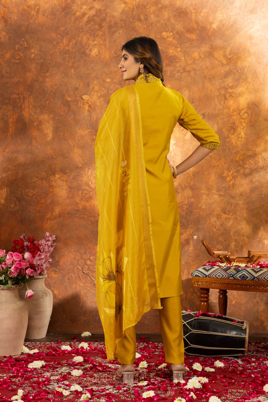 Roman Silk Straight Kurti Pant Dupatta Set with Embroidery Sequins and Hand Work