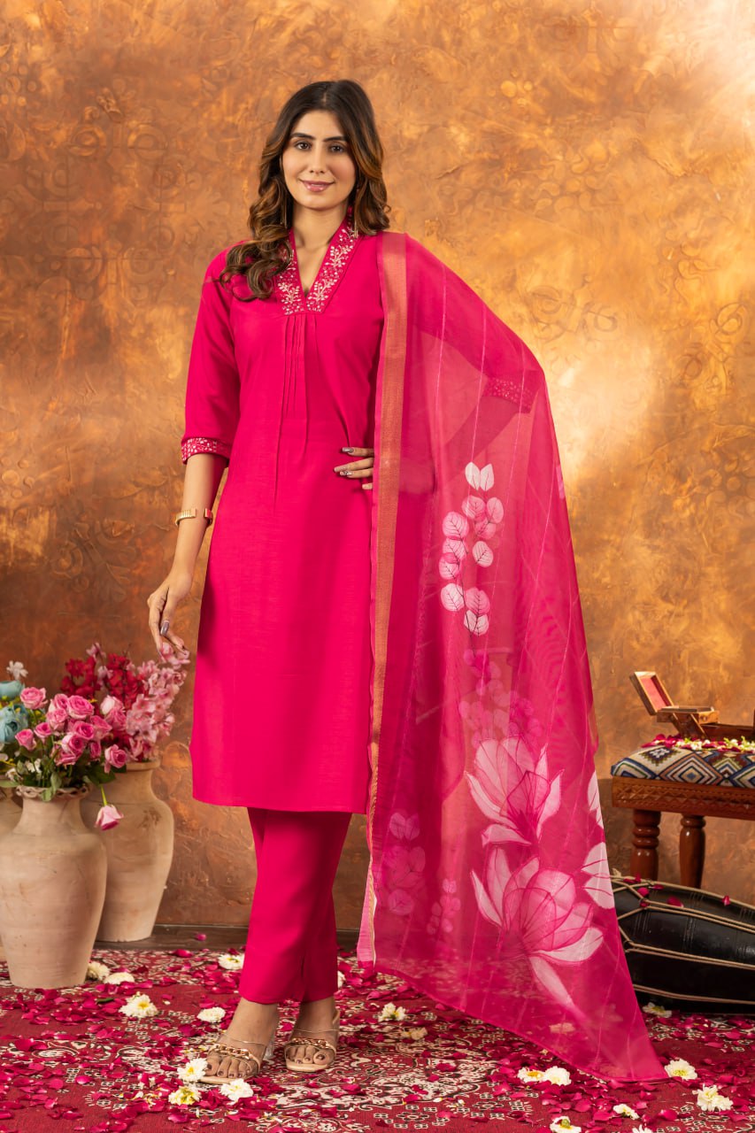 Roman Silk Straight Kurti Pant Dupatta Set with Embroidery Sequins and Hand Work
