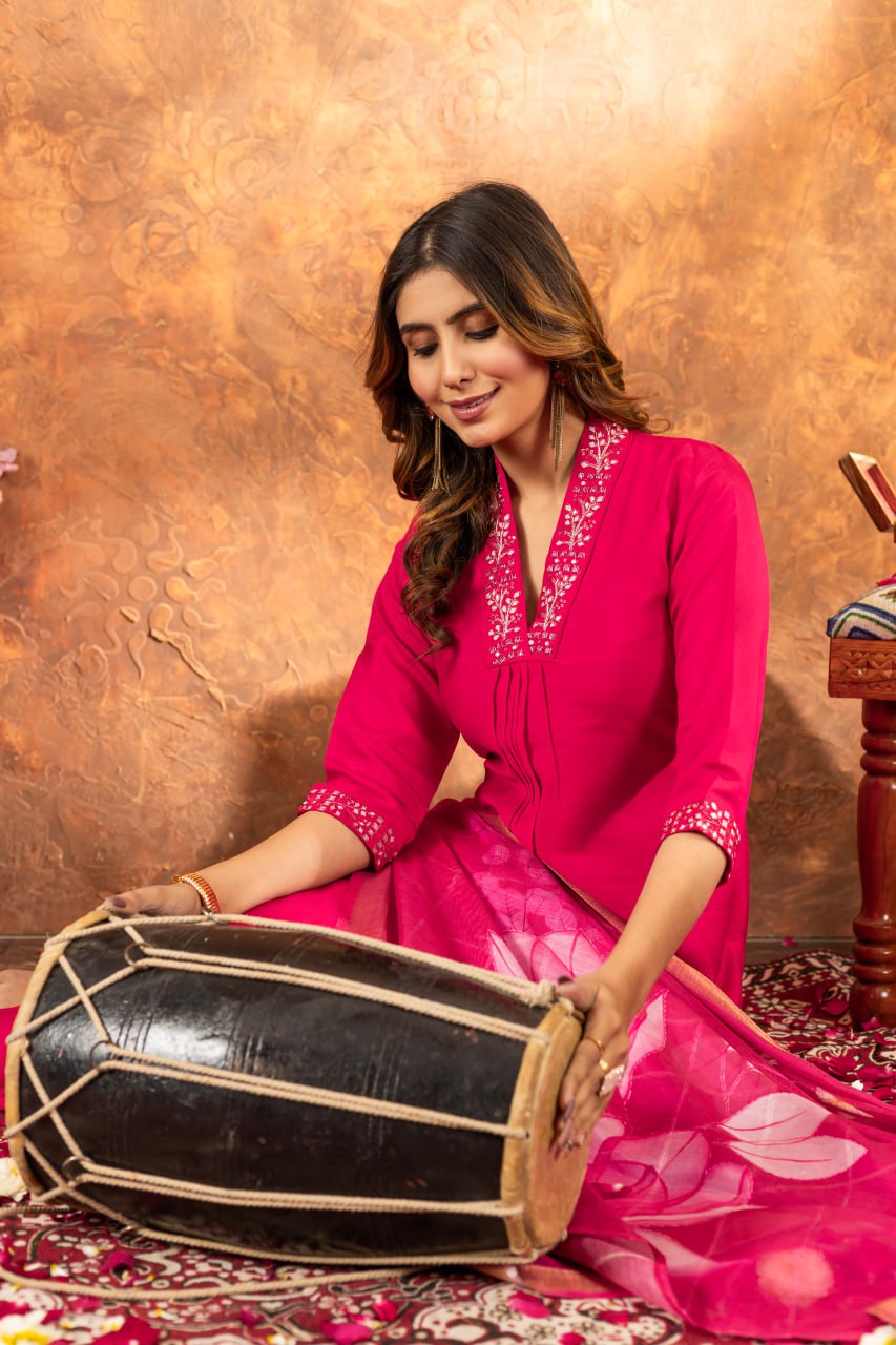 Roman Silk Straight Kurti Pant Dupatta Set with Embroidery Sequins and Hand Work