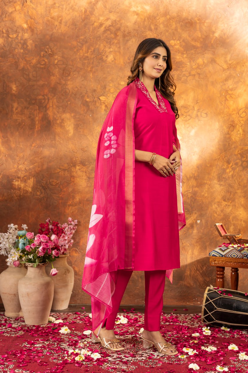 Roman Silk Straight Kurti Pant Dupatta Set with Embroidery Sequins and Hand Work