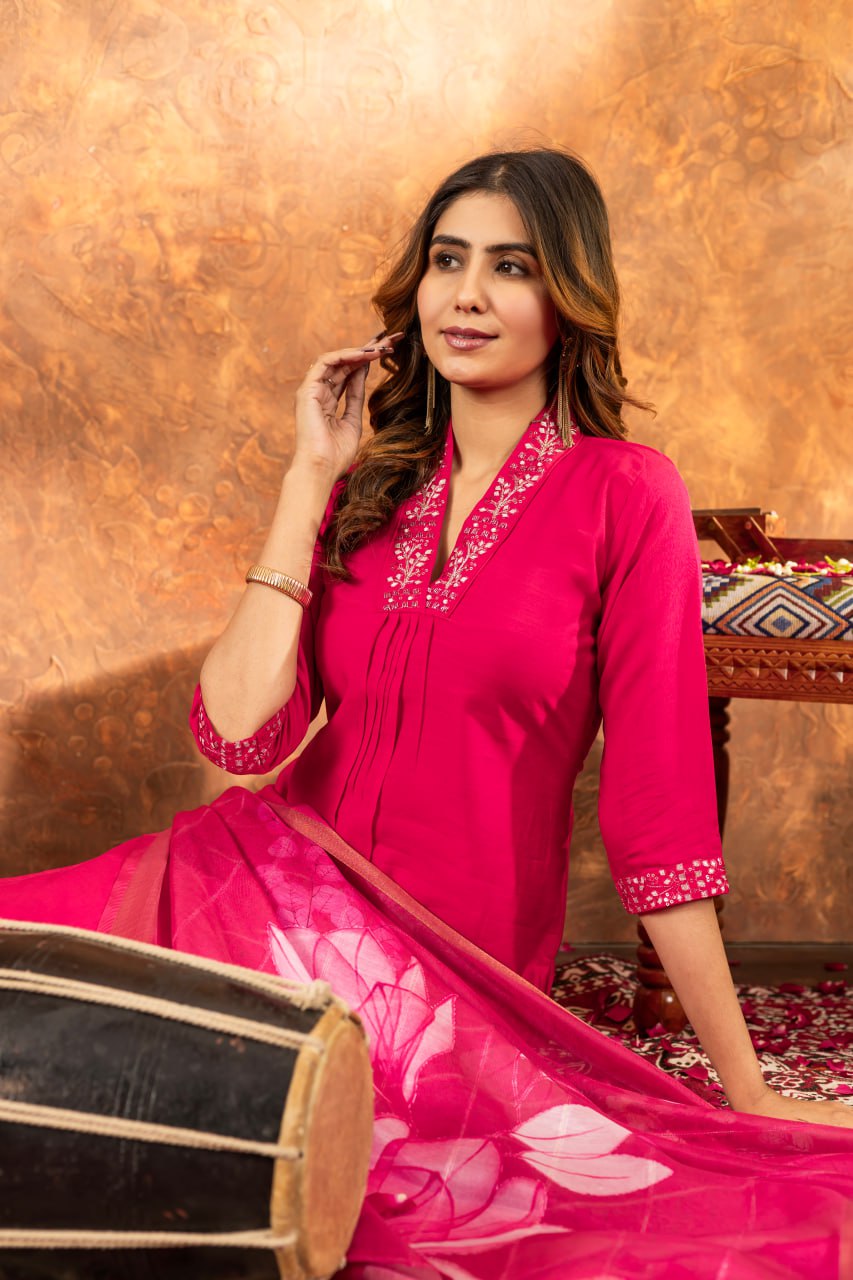 Roman Silk Straight Kurti Pant Dupatta Set with Embroidery Sequins and Hand Work