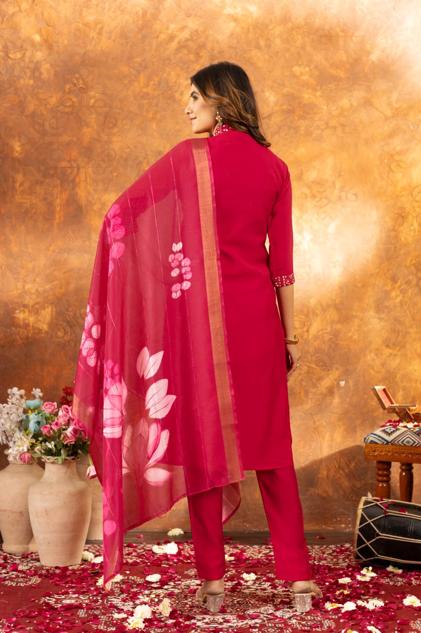 Roman Silk Straight Kurti Pant Dupatta Set with Embroidery Sequins and Hand Work