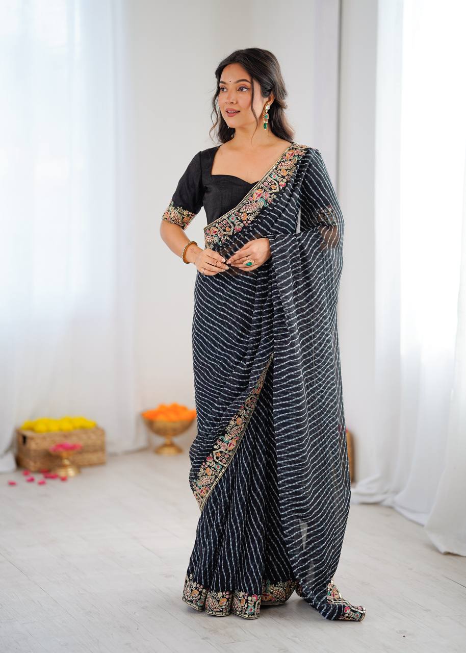 Designer Faux Georgette Embroidered Saree with Badhani Print & Benglori Silk Blouse