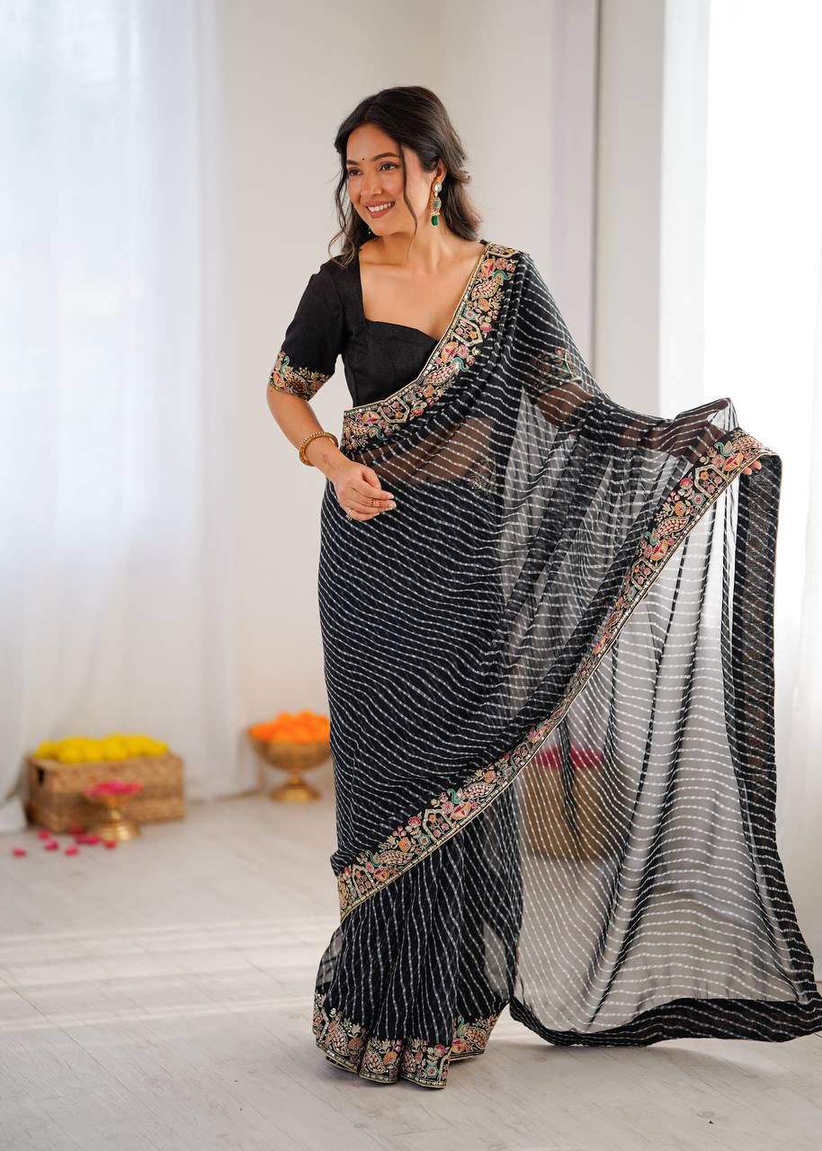 Designer Faux Georgette Embroidered Saree with Badhani Print & Benglori Silk Blouse