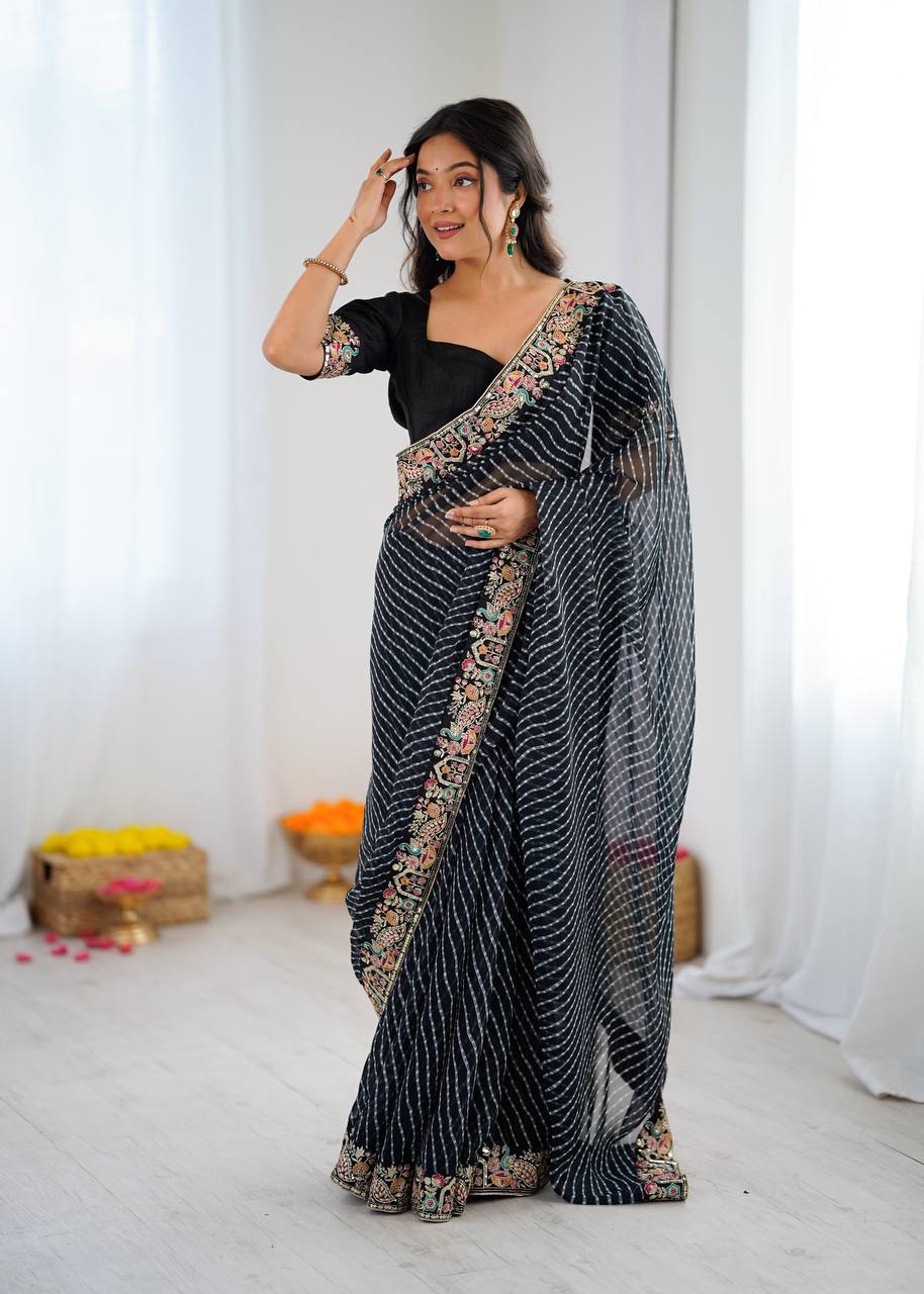 Designer Faux Georgette Embroidered Saree with Badhani Print & Benglori Silk Blouse
