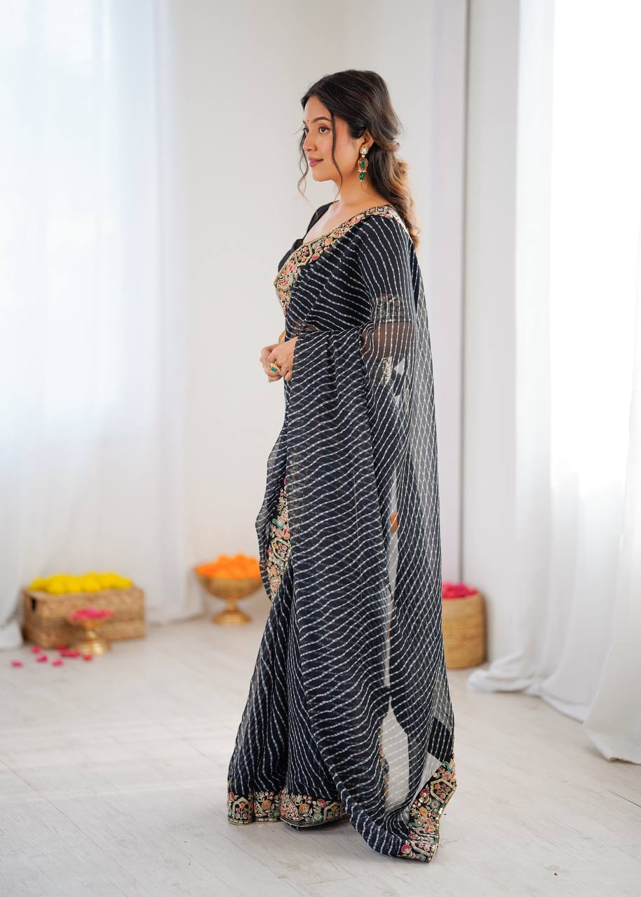 Designer Faux Georgette Embroidered Saree with Badhani Print & Benglori Silk Blouse