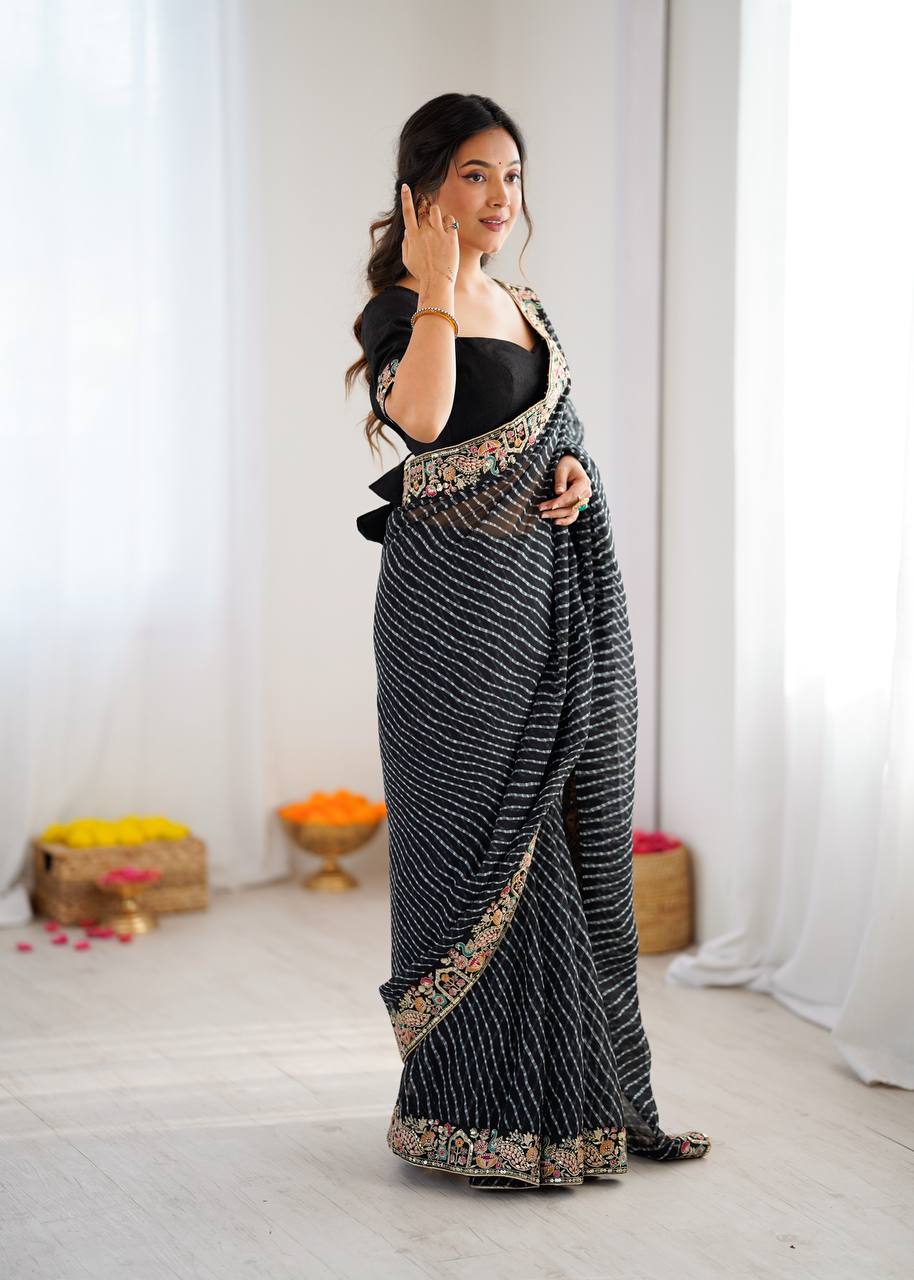 Designer Faux Georgette Embroidered Saree with Badhani Print & Benglori Silk Blouse