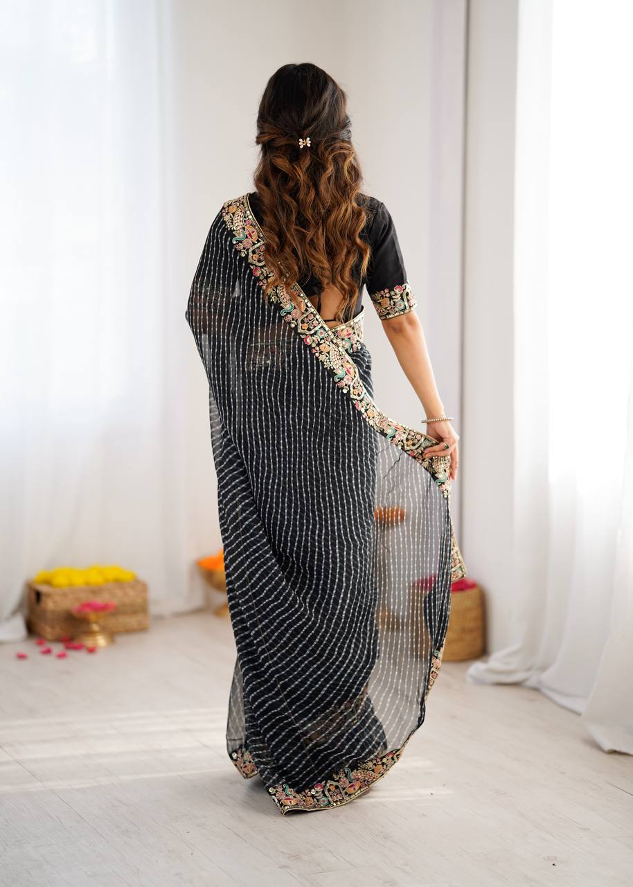 Designer Faux Georgette Embroidered Saree with Badhani Print & Benglori Silk Blouse