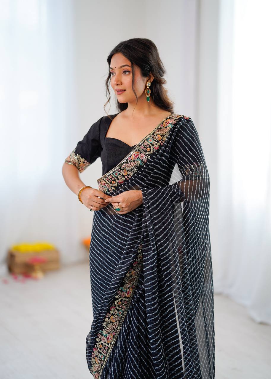 Designer Faux Georgette Embroidered Saree with Badhani Print & Benglori Silk Blouse
