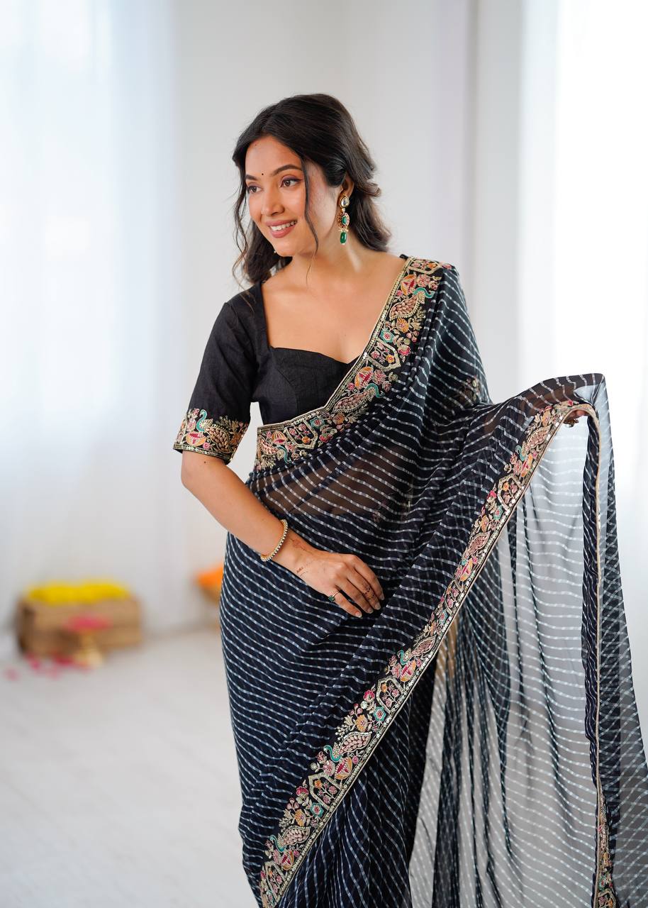 Designer Faux Georgette Embroidered Saree with Badhani Print & Benglori Silk Blouse