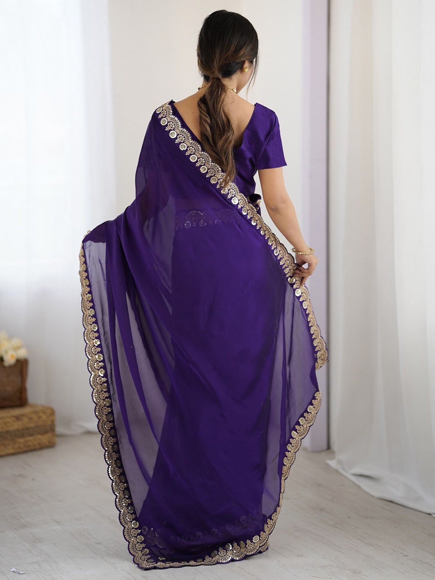 Women's Purple Rangoli Embroidered Party Wear Saree with Bangalori Unstitched Blouse