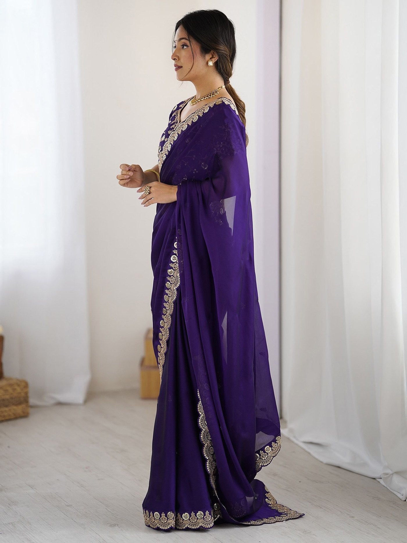 Women's Purple Rangoli Embroidered Party Wear Saree with Bangalori Unstitched Blouse