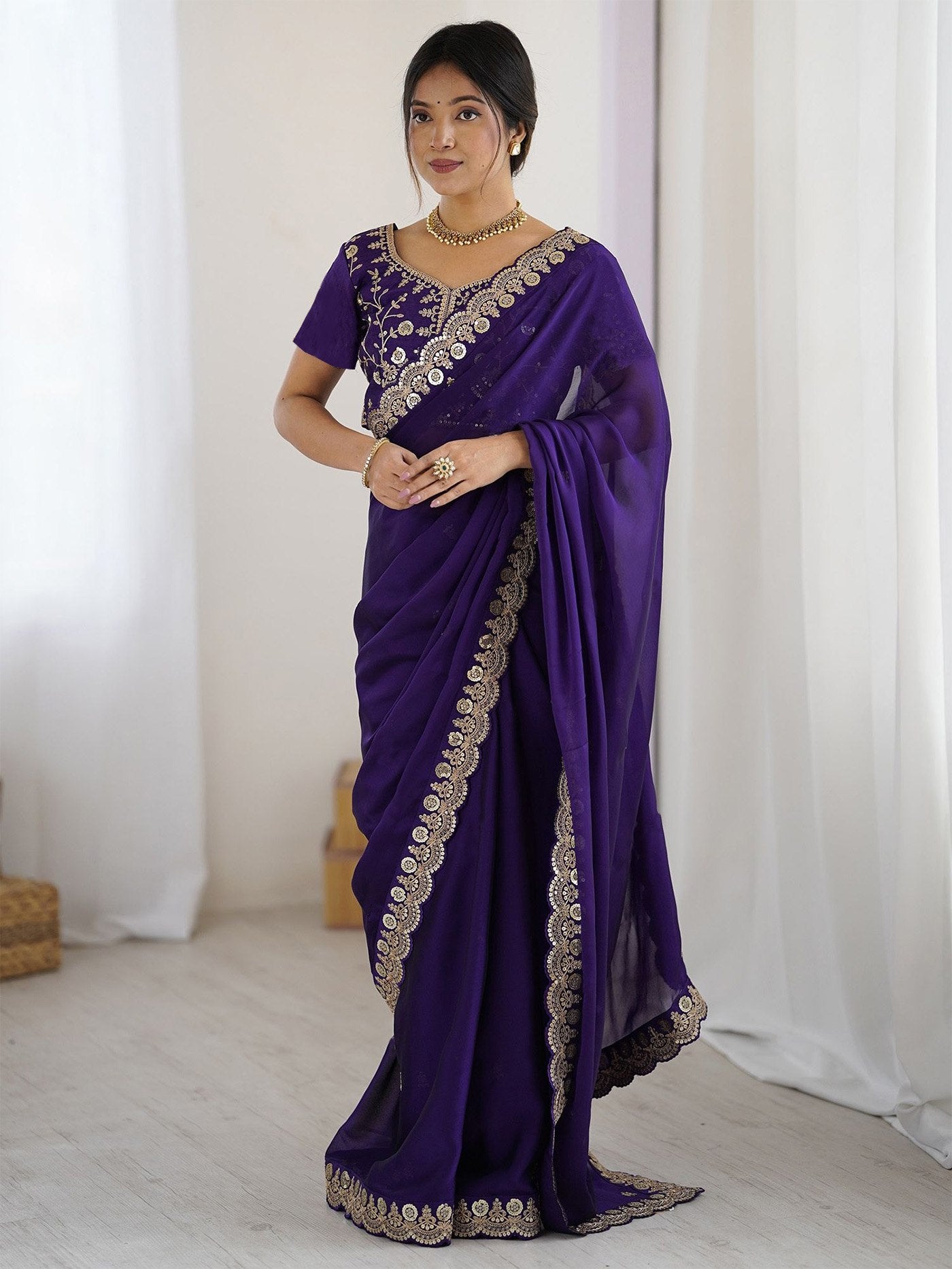 Women's Purple Rangoli Embroidered Party Wear Saree with Bangalori Unstitched Blouse