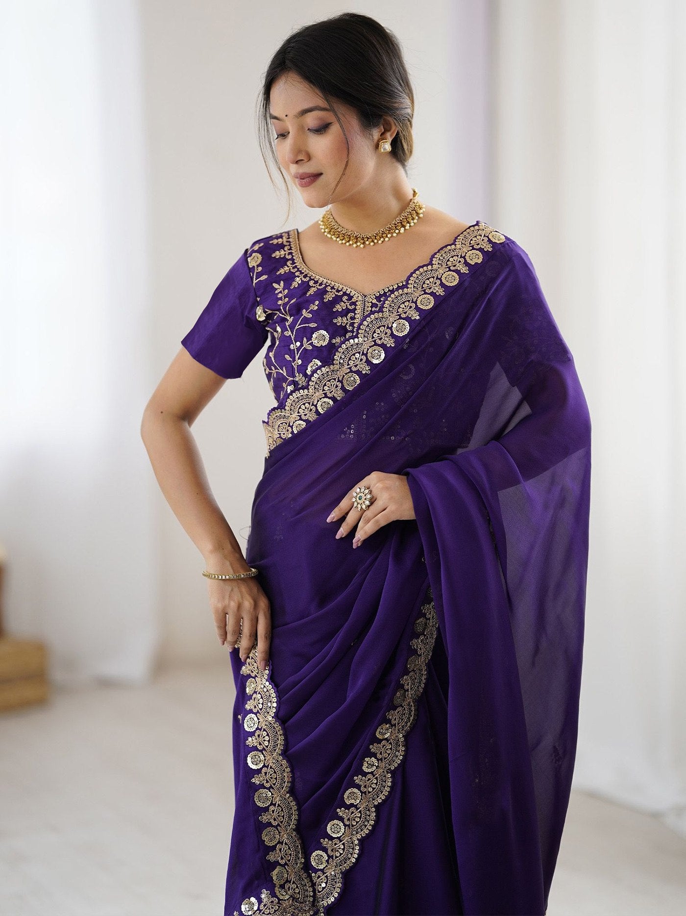 Women's Purple Rangoli Embroidered Party Wear Saree with Bangalori Unstitched Blouse