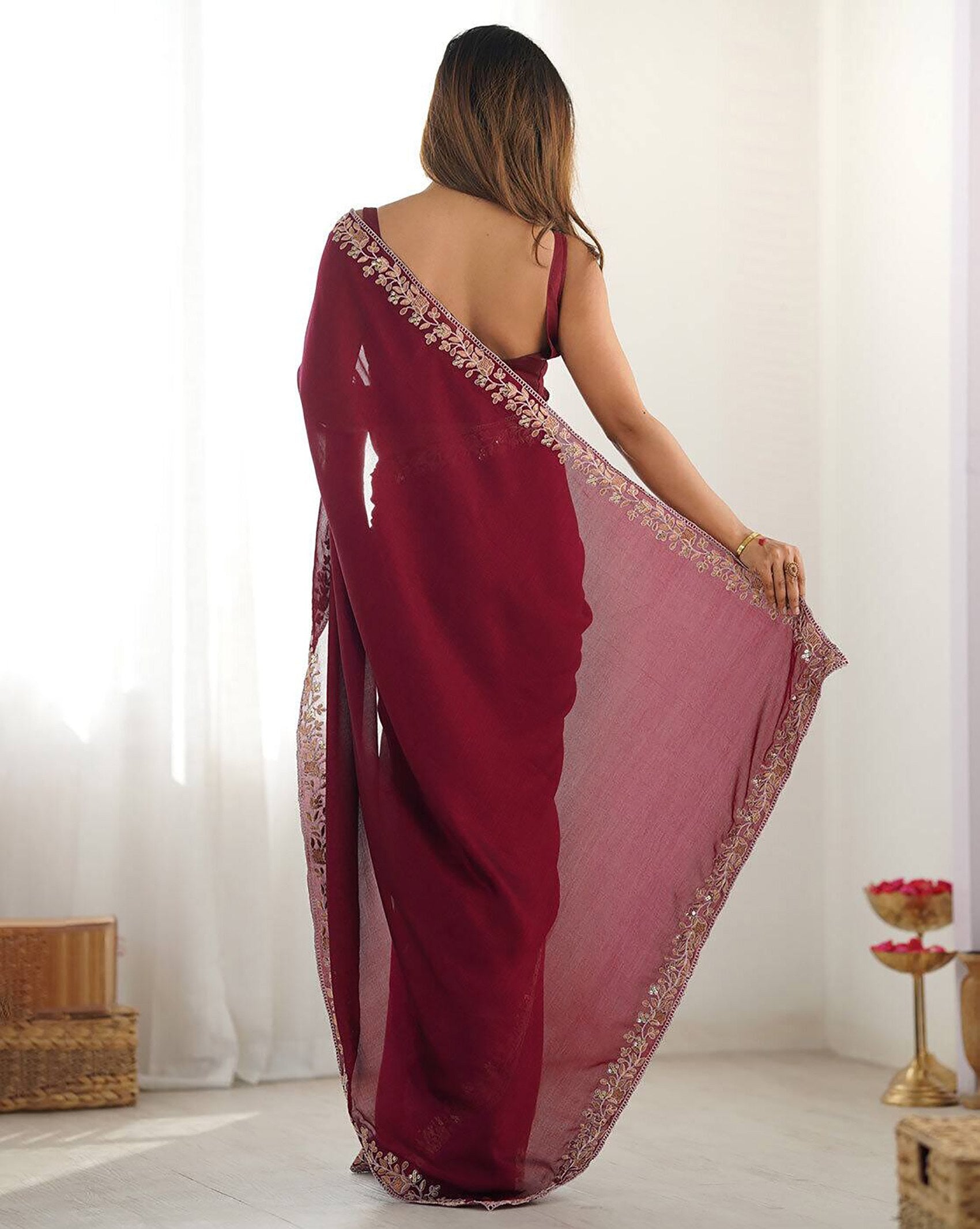 Women's Wine Rangoli Embroidered Party Wear Saree with Silk Unstitched Blouse