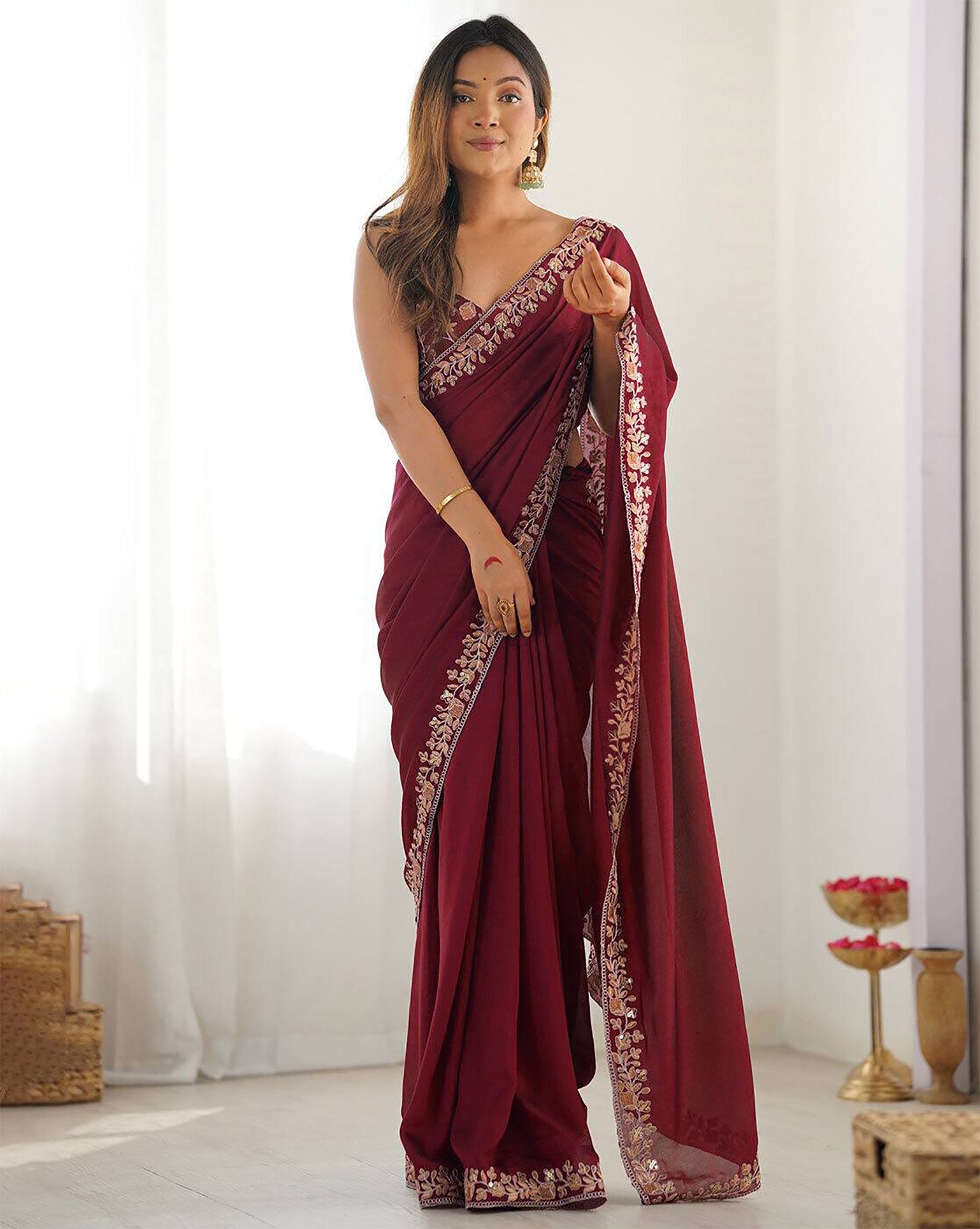 Women's Wine Rangoli Embroidered Party Wear Saree with Silk Unstitched Blouse