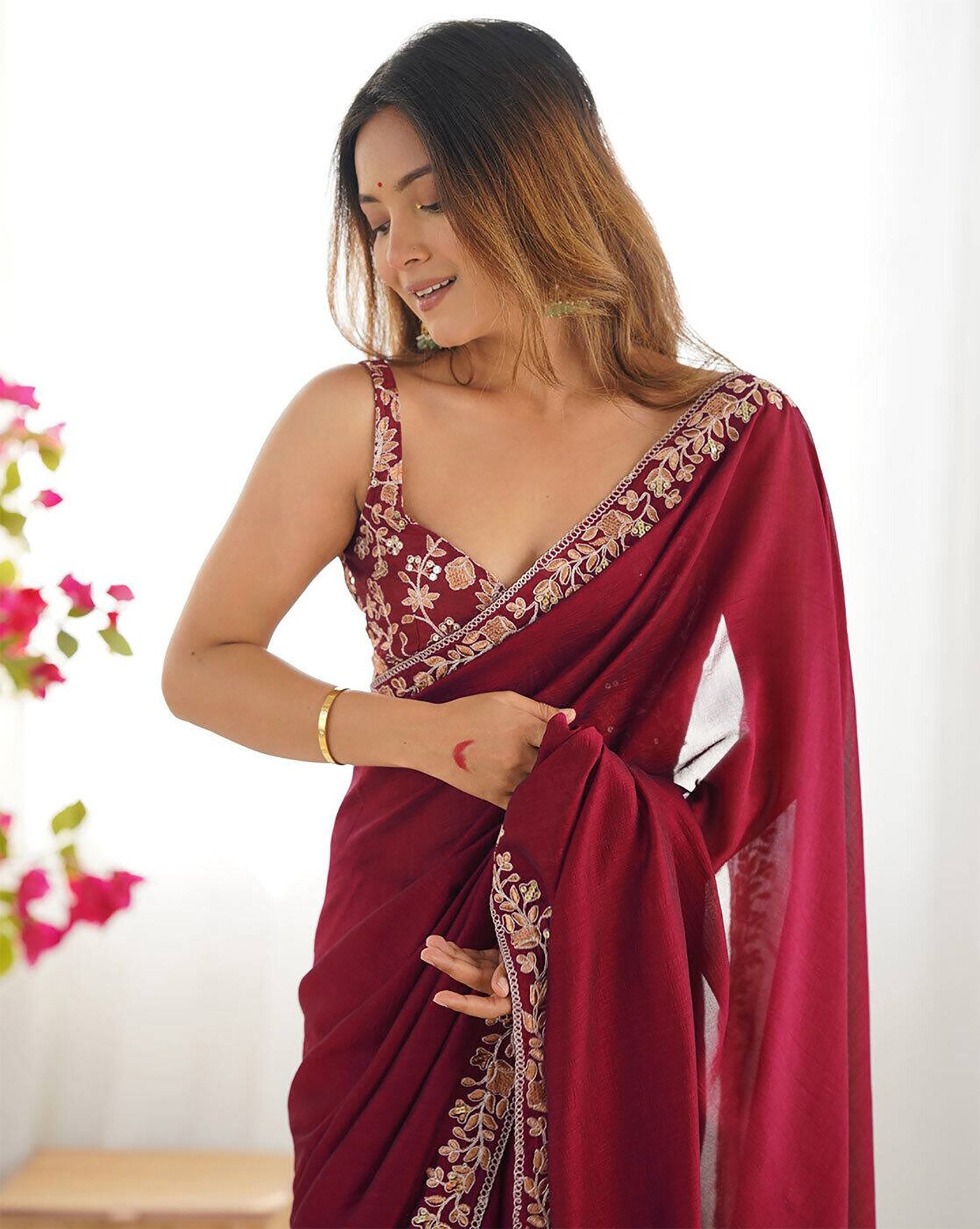Women's Wine Rangoli Embroidered Party Wear Saree with Silk Unstitched Blouse