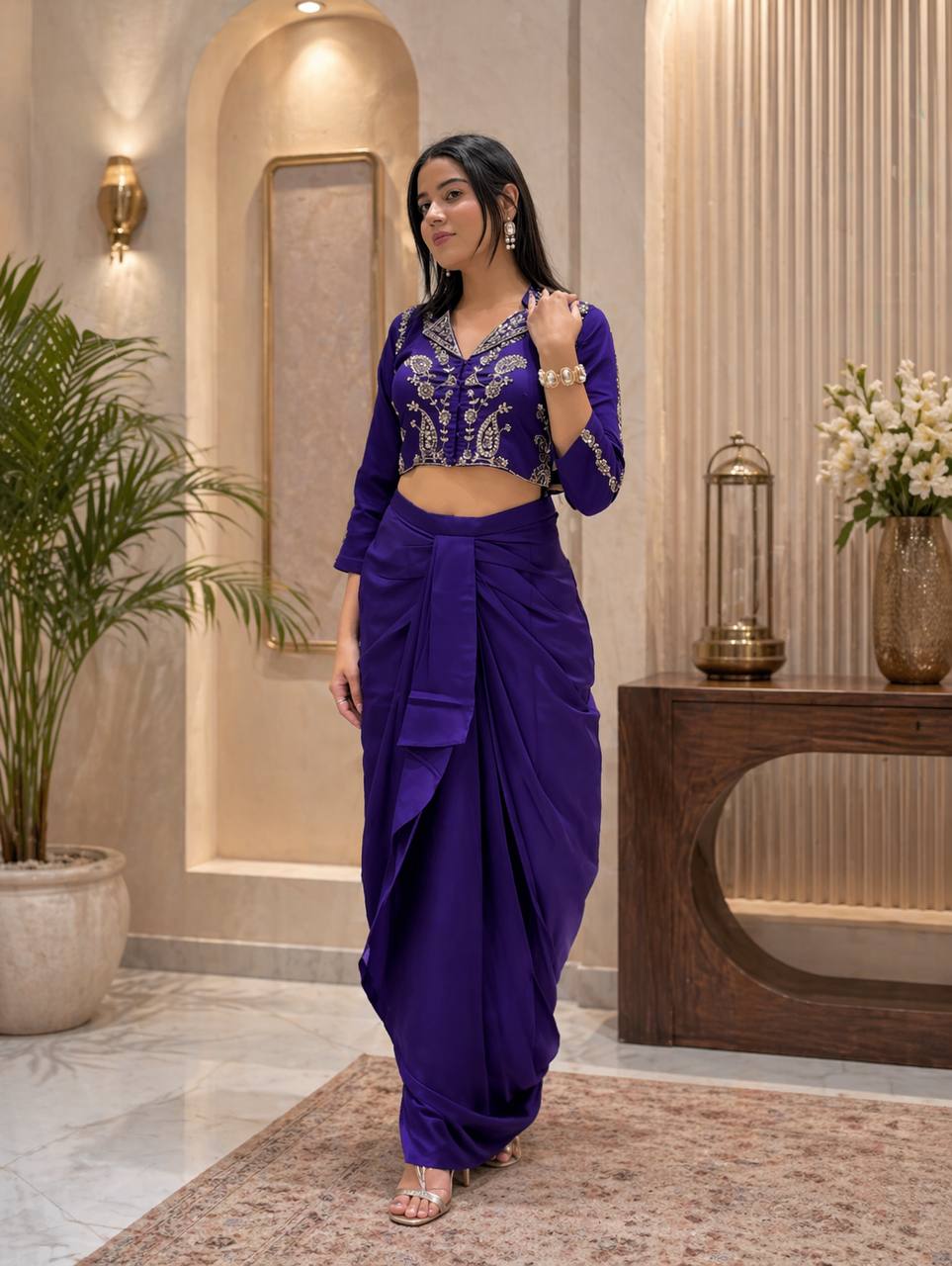 Women's Chinon Silk Embroidered Dhoti Set with Sequins Cording Blouse