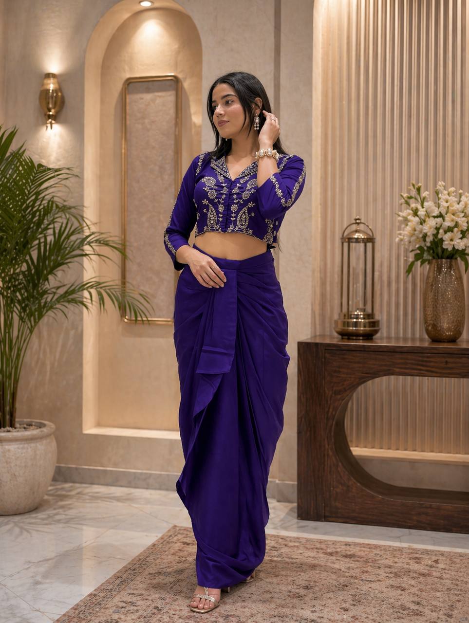 Women's Chinon Silk Embroidered Dhoti Set with Sequins Cording Blouse