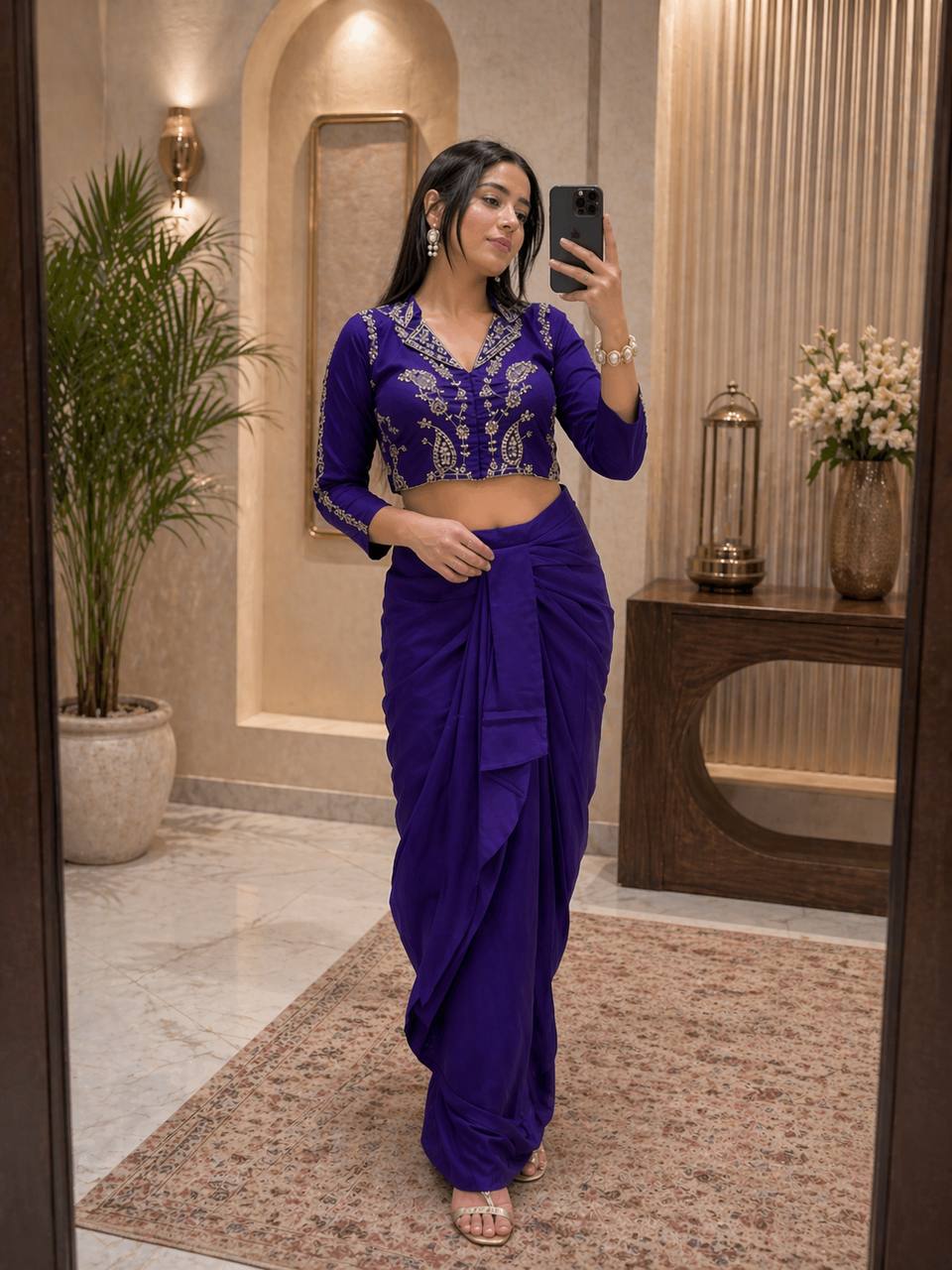 Women's Chinon Silk Embroidered Dhoti Set with Sequins Cording Blouse