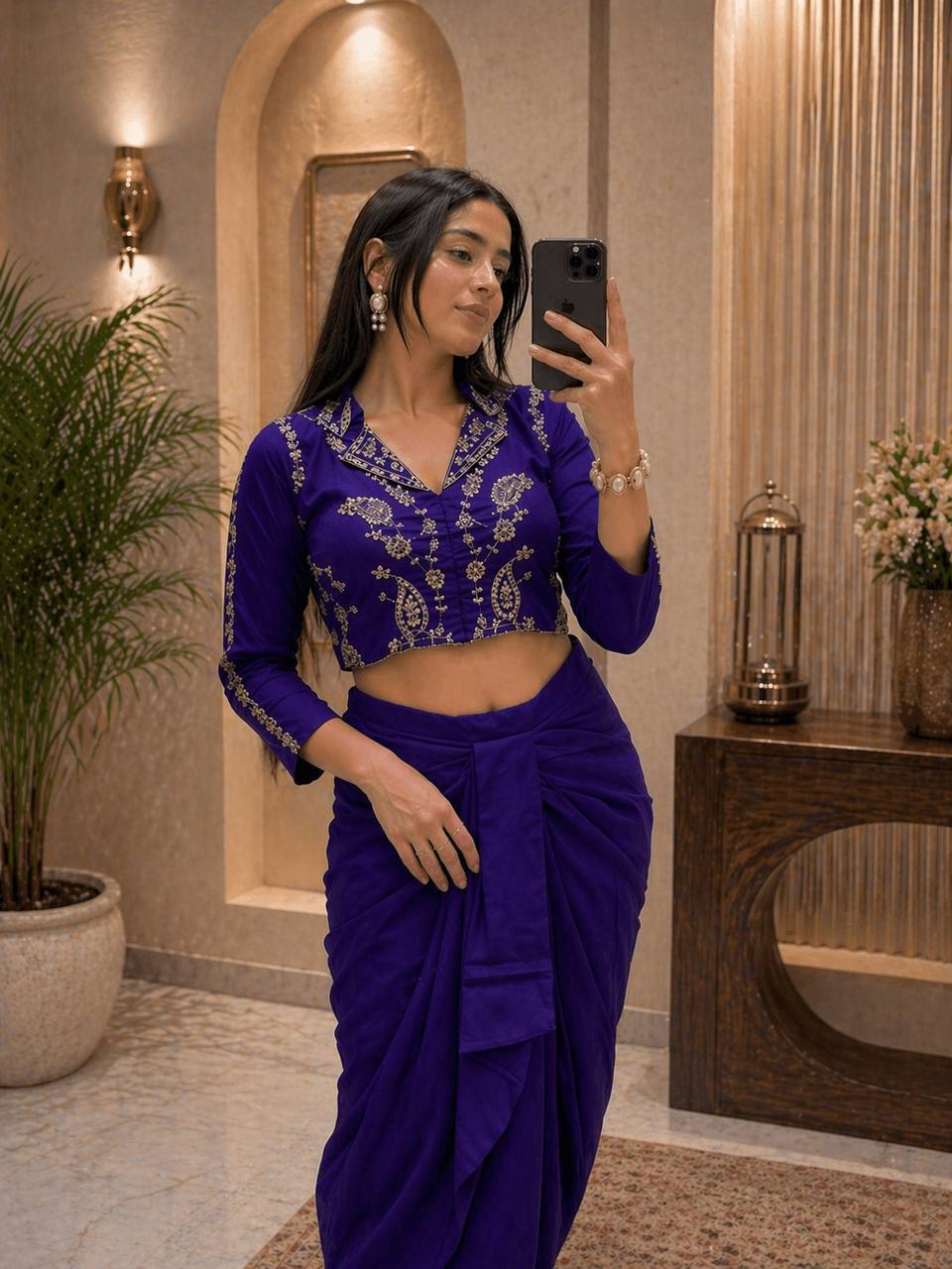 Women's Chinon Silk Embroidered Dhoti Set with Sequins Cording Blouse