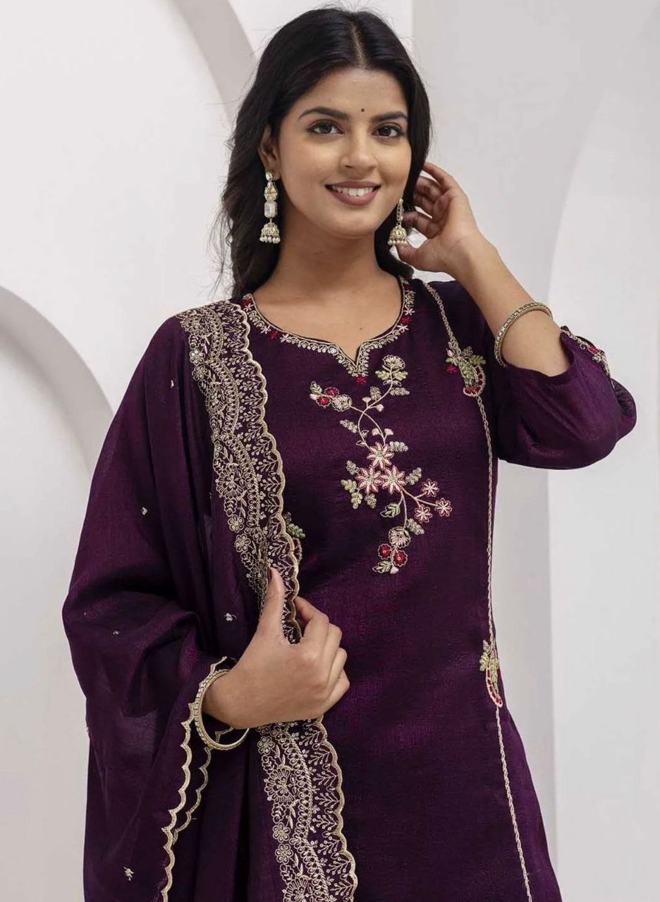 Premium Vichitra Silk Embroidered Kurta Pant Set with Matching Dupatta