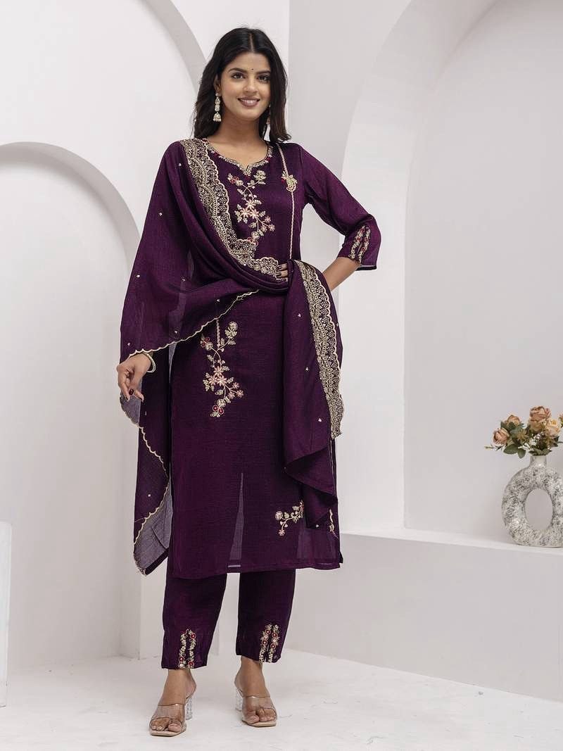 Premium Vichitra Silk Embroidered Kurta Pant Set with Matching Dupatta