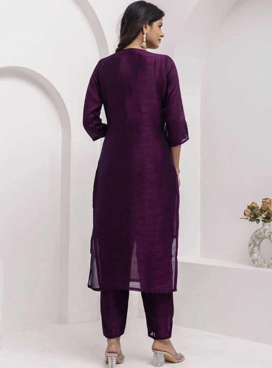 Premium Vichitra Silk Embroidered Kurta Pant Set with Matching Dupatta