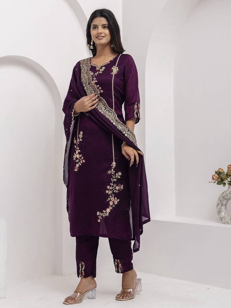 Premium Vichitra Silk Embroidered Kurta Pant Set with Matching Dupatta