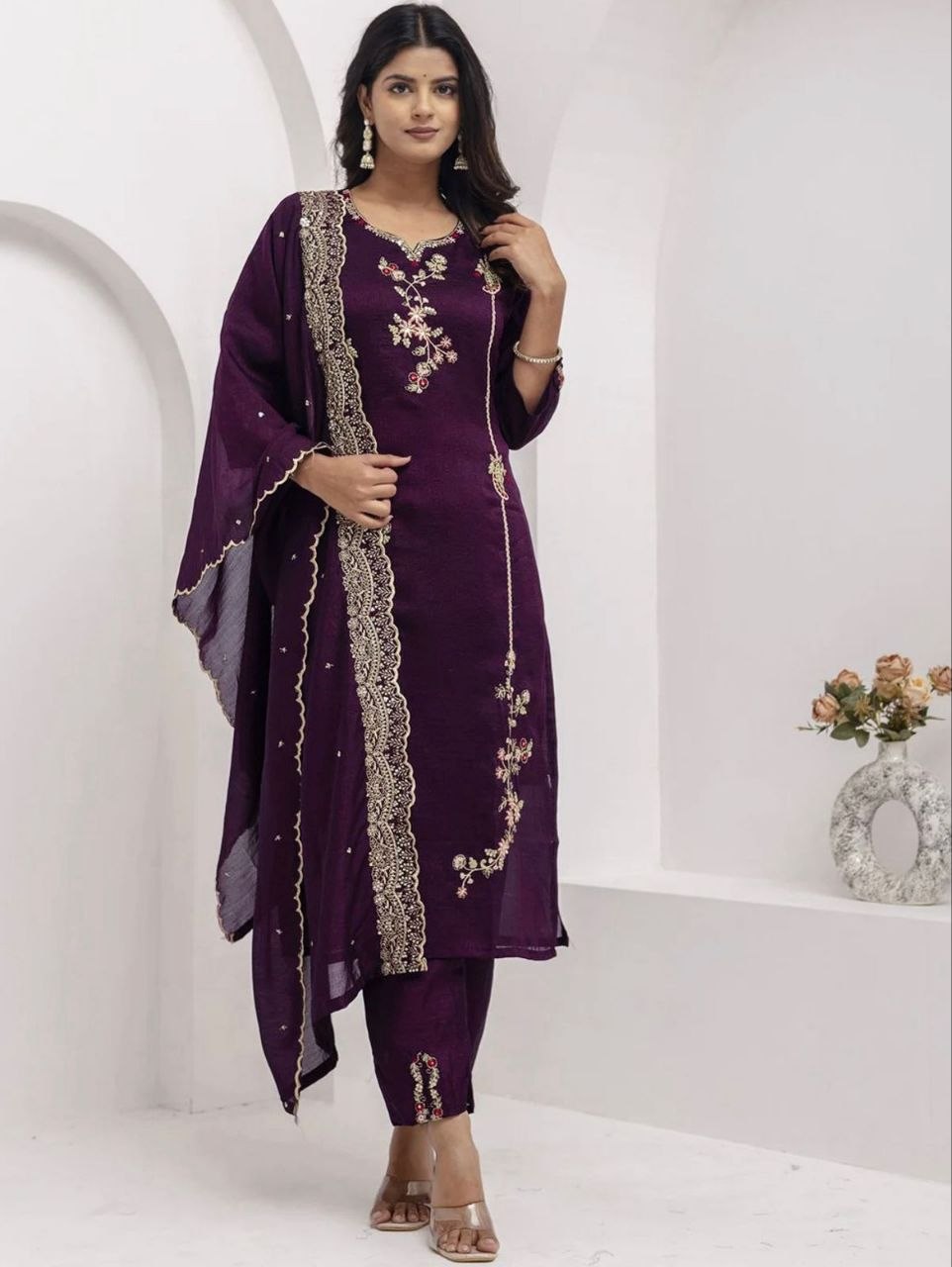 Premium Vichitra Silk Embroidered Kurta Pant Set with Matching Dupatta