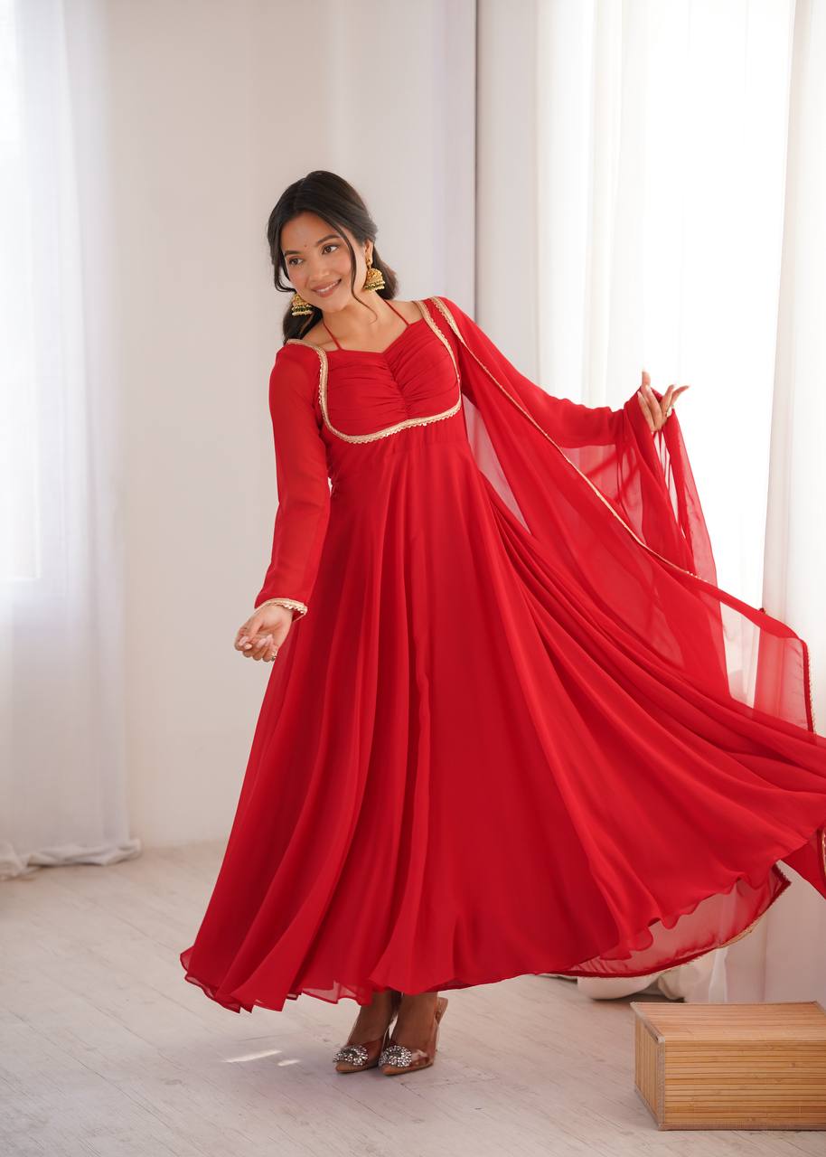 Women's Pure Fox Blooming Georgette Anarkali Gown Set with Dupatta and Designer Dori Neck
