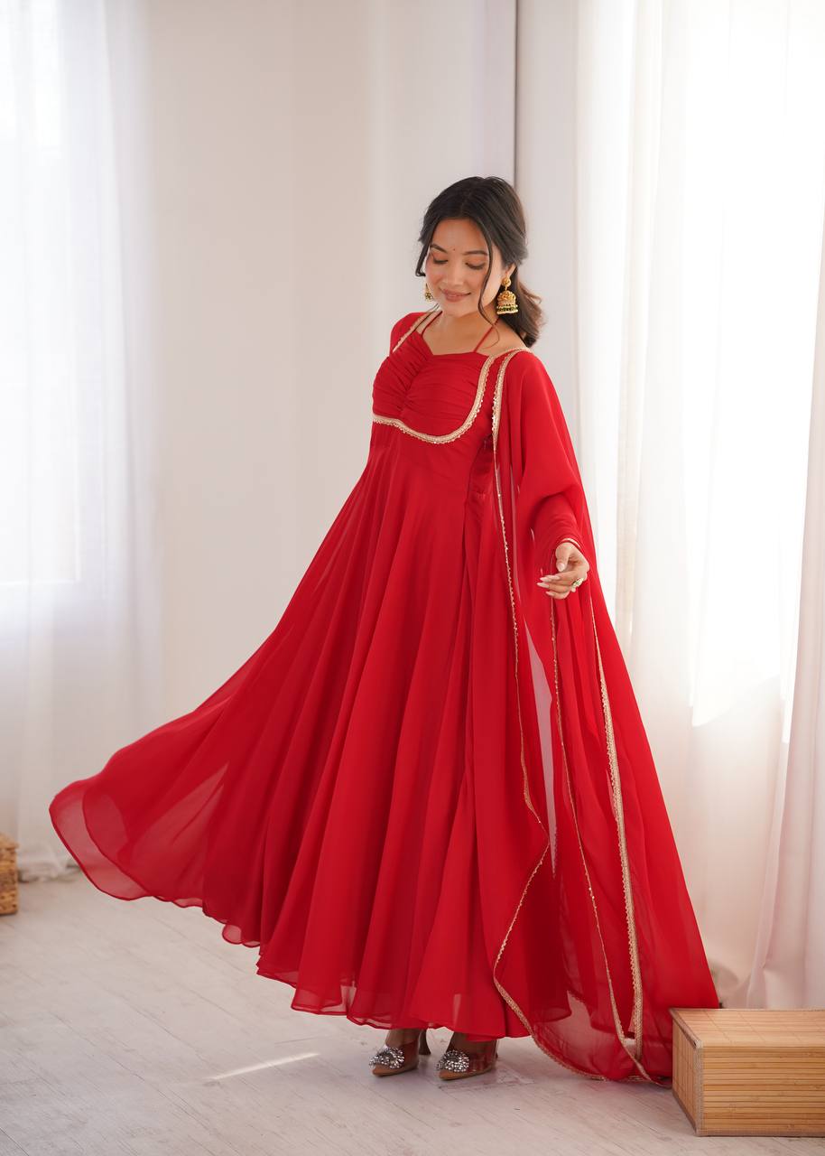 Women's Pure Fox Blooming Georgette Anarkali Gown Set with Dupatta and Designer Dori Neck