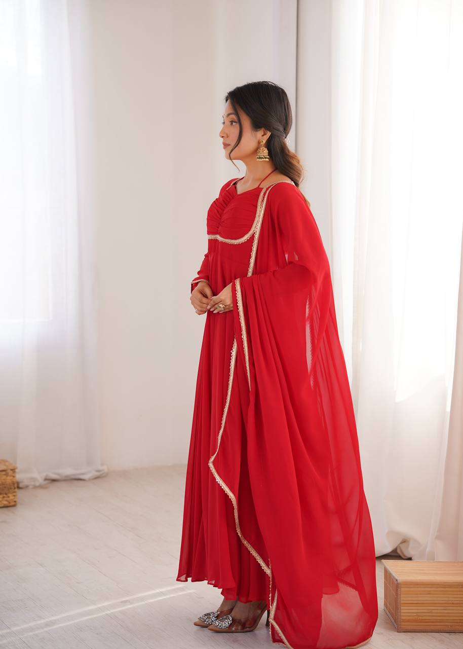 Women's Pure Fox Blooming Georgette Anarkali Gown Set with Dupatta and Designer Dori Neck