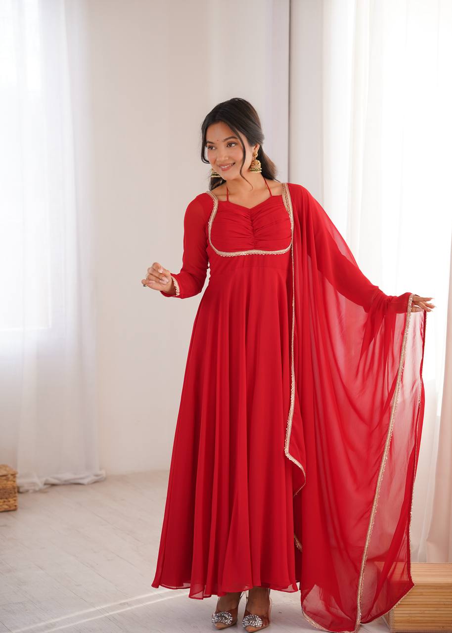 Women's Pure Fox Blooming Georgette Anarkali Gown Set with Dupatta and Designer Dori Neck