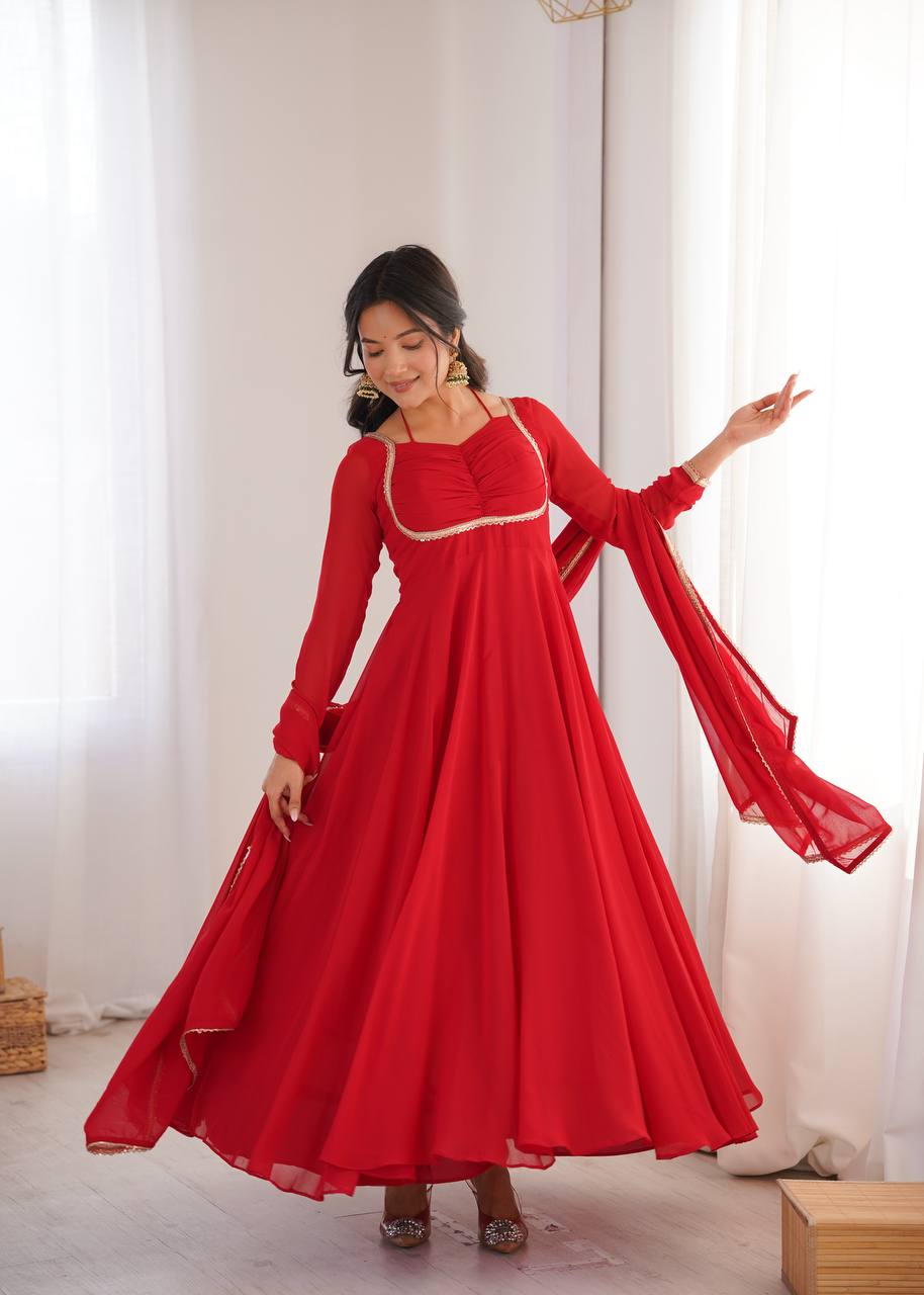 Women's Pure Fox Blooming Georgette Anarkali Gown Set with Dupatta and Designer Dori Neck