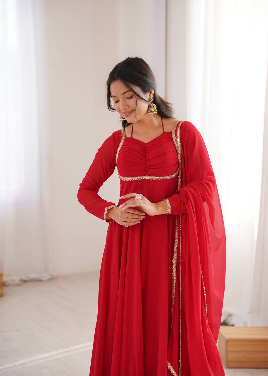 Women's Pure Fox Blooming Georgette Anarkali Gown Set with Dupatta and Designer Dori Neck