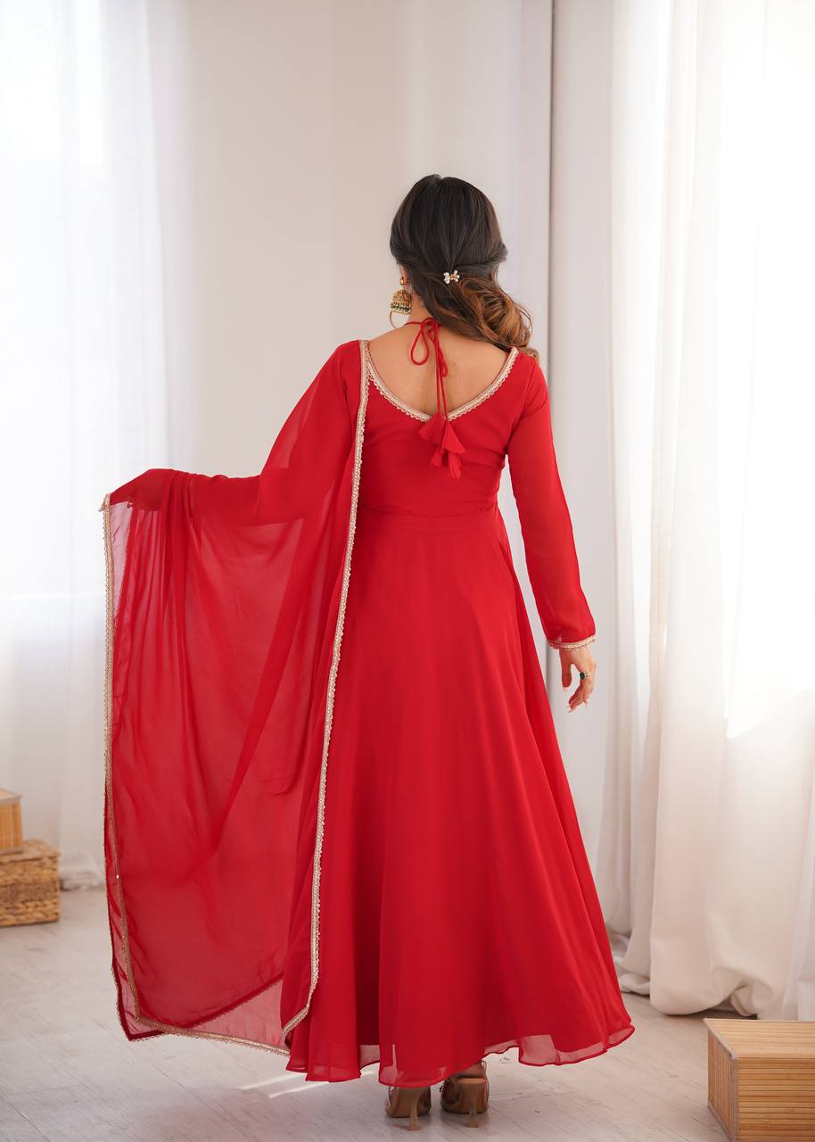 Women's Pure Fox Blooming Georgette Anarkali Gown Set with Dupatta and Designer Dori Neck