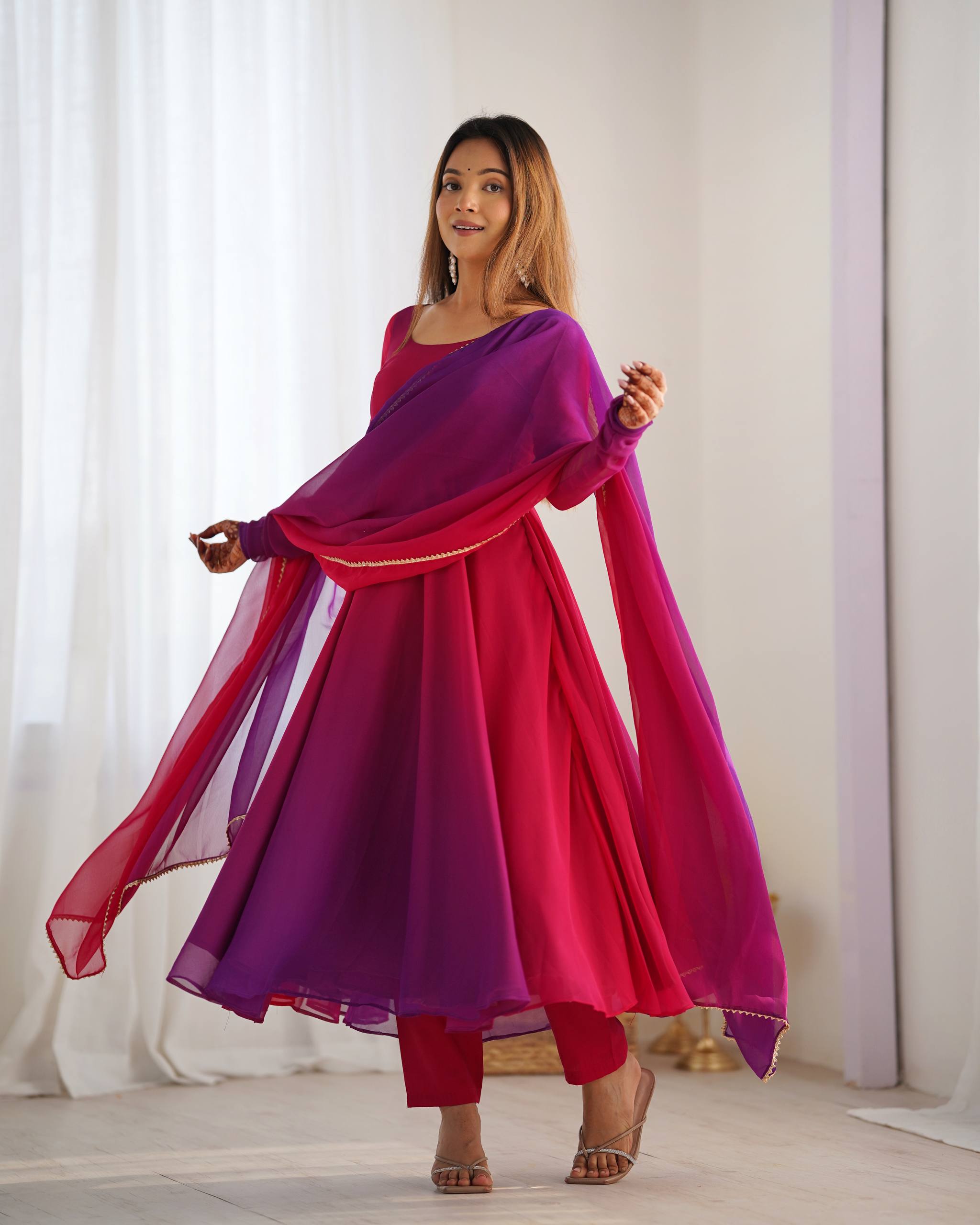 Flared Fox Georgette Anarkali Suit Set with Dupatta and Pant