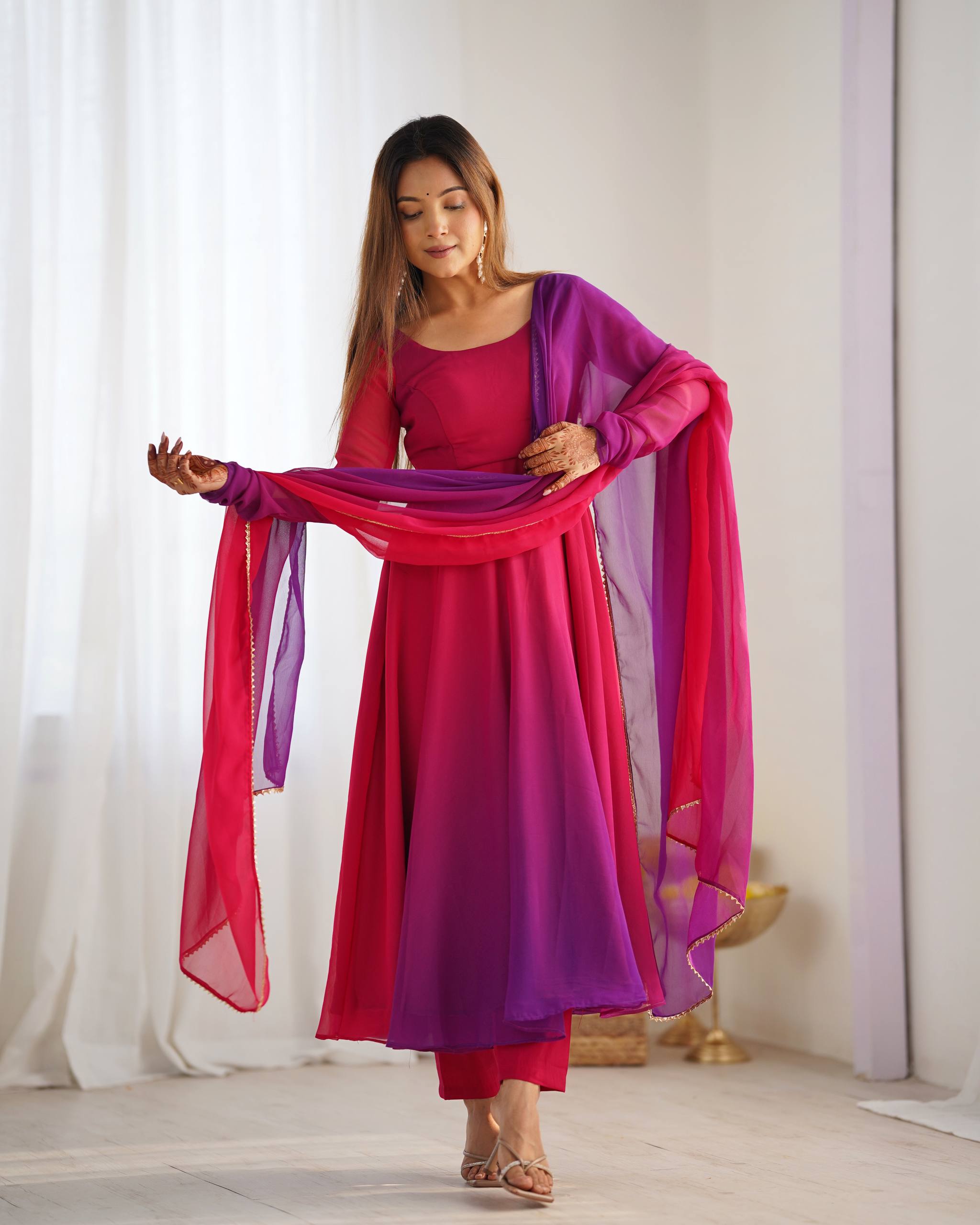 Flared Fox Georgette Anarkali Suit Set with Dupatta and Pant