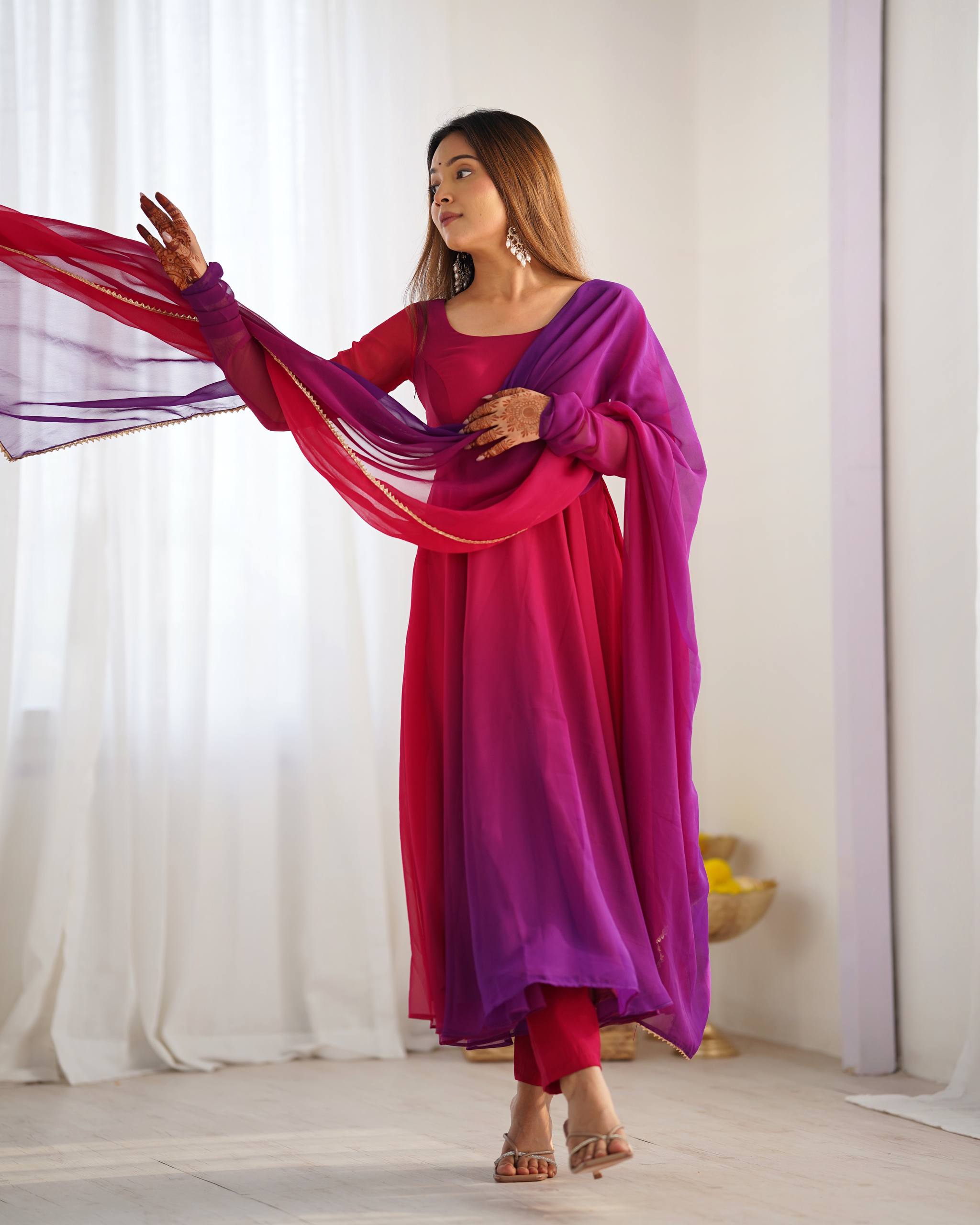 Flared Fox Georgette Anarkali Suit Set with Dupatta and Pant