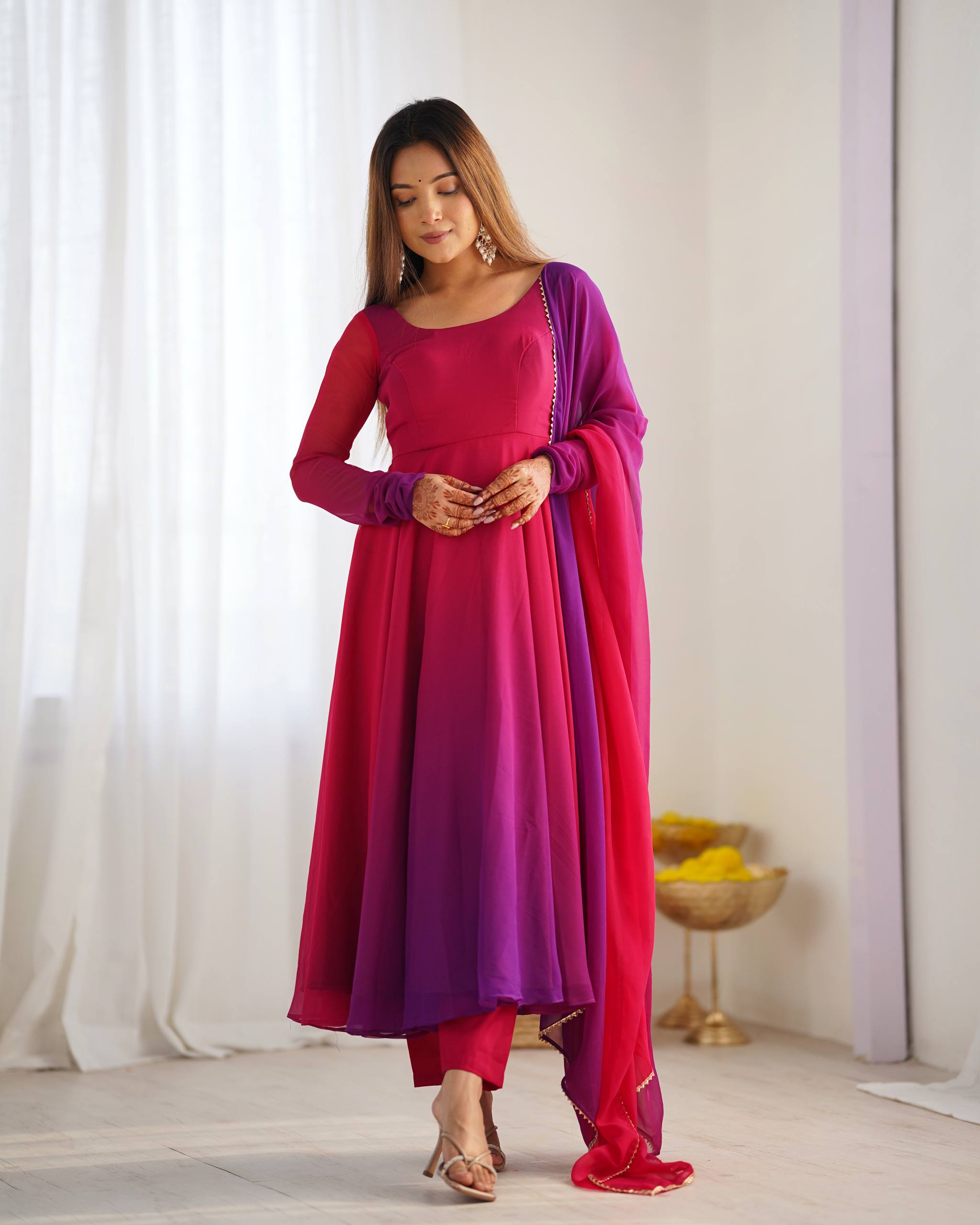 Flared Fox Georgette Anarkali Suit Set with Dupatta and Pant