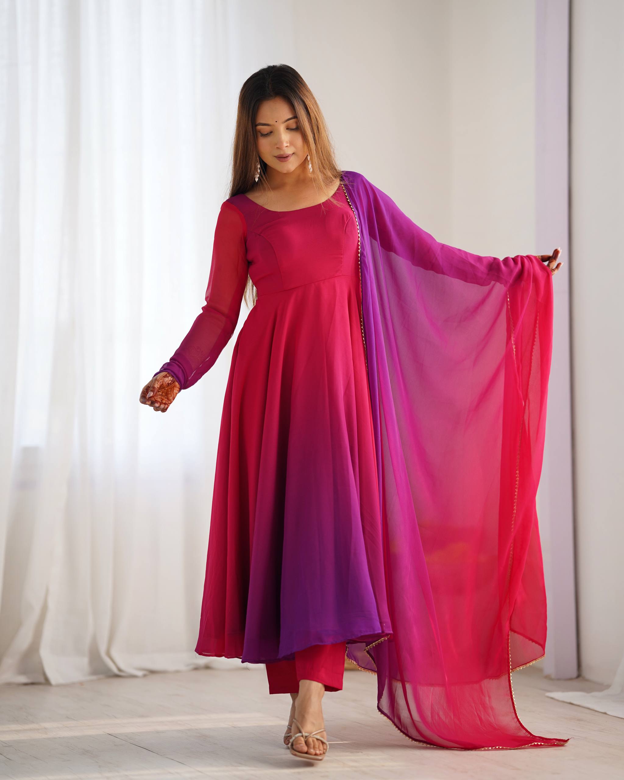 Flared Fox Georgette Anarkali Suit Set with Dupatta and Pant