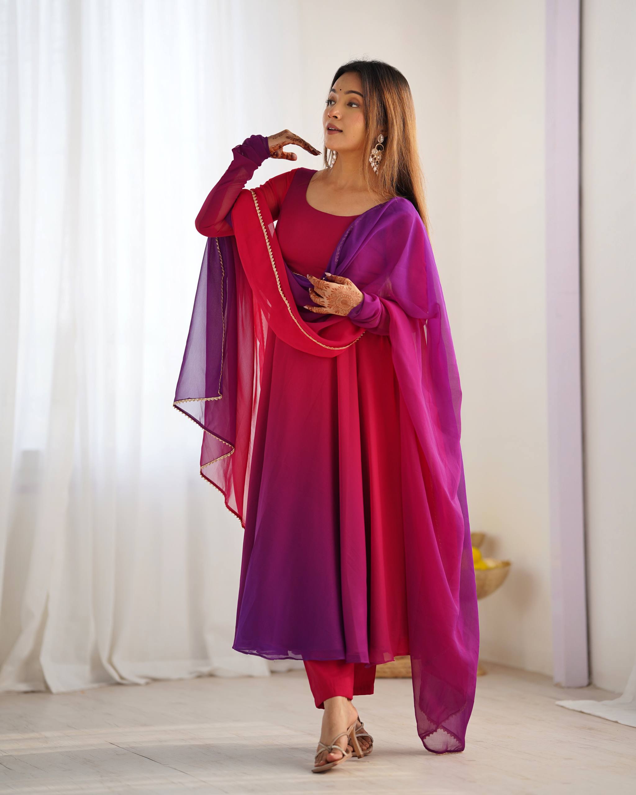 Flared Fox Georgette Anarkali Suit Set with Dupatta and Pant