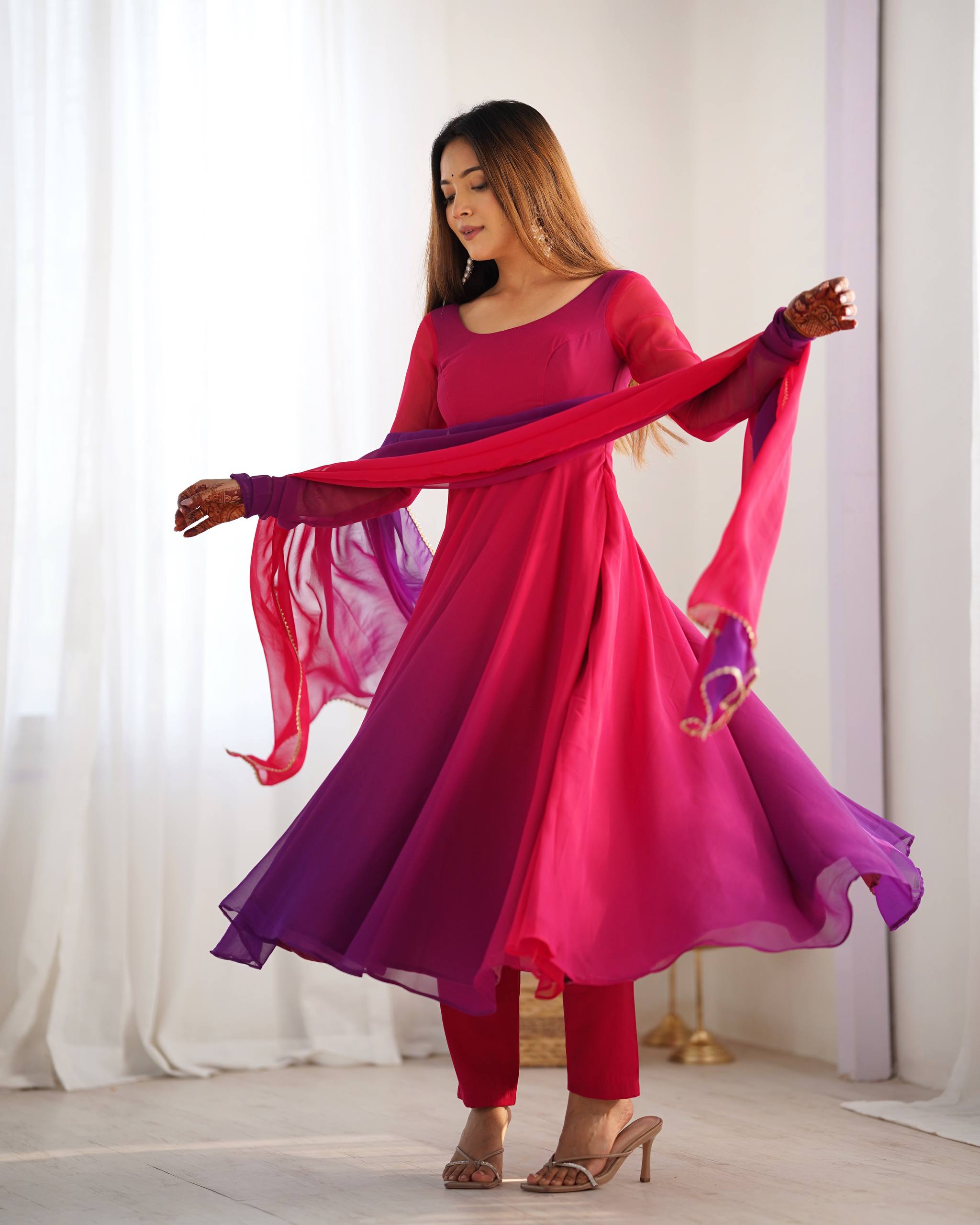 Flared Fox Georgette Anarkali Suit Set with Dupatta and Pant
