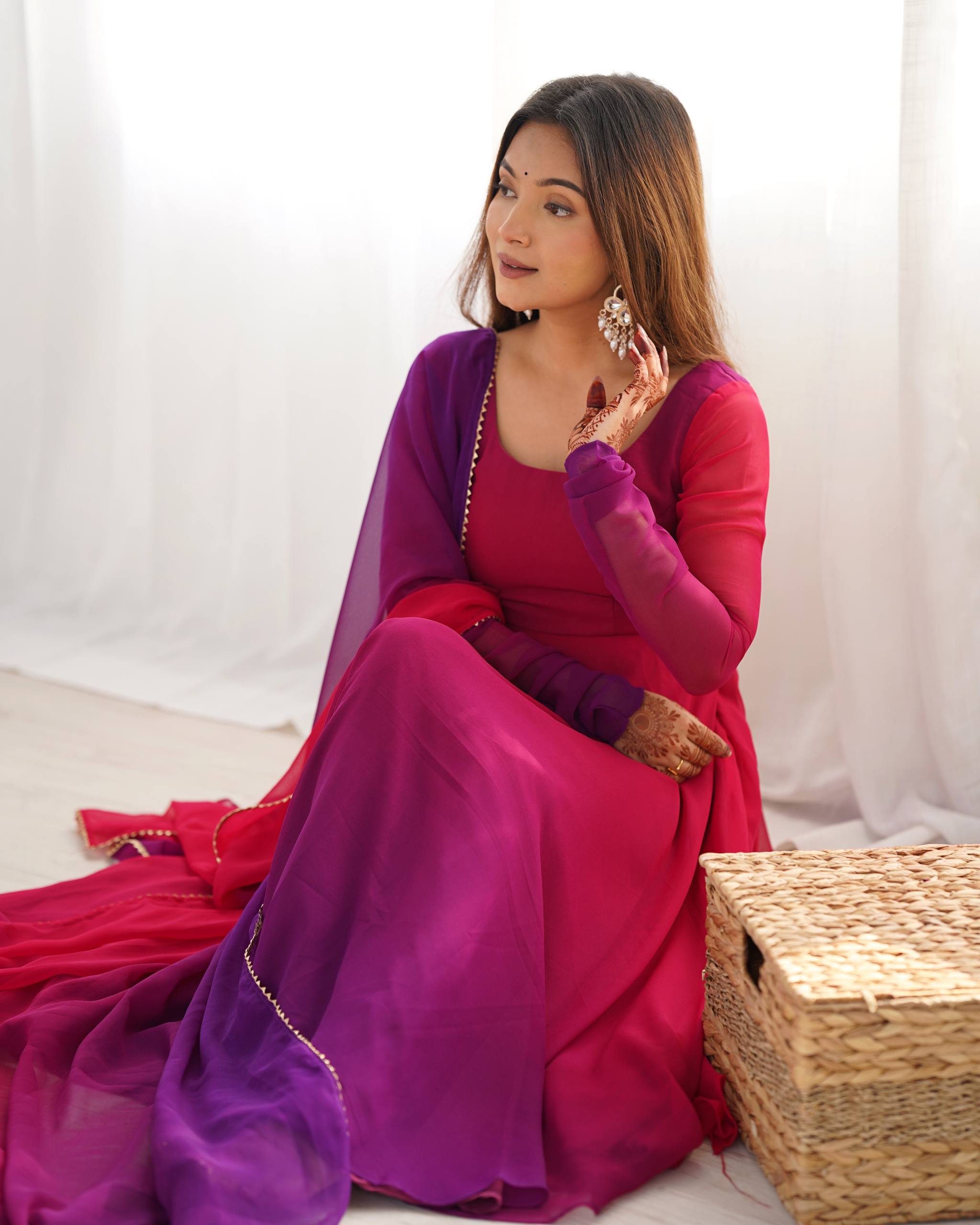 Flared Fox Georgette Anarkali Suit Set with Dupatta and Pant