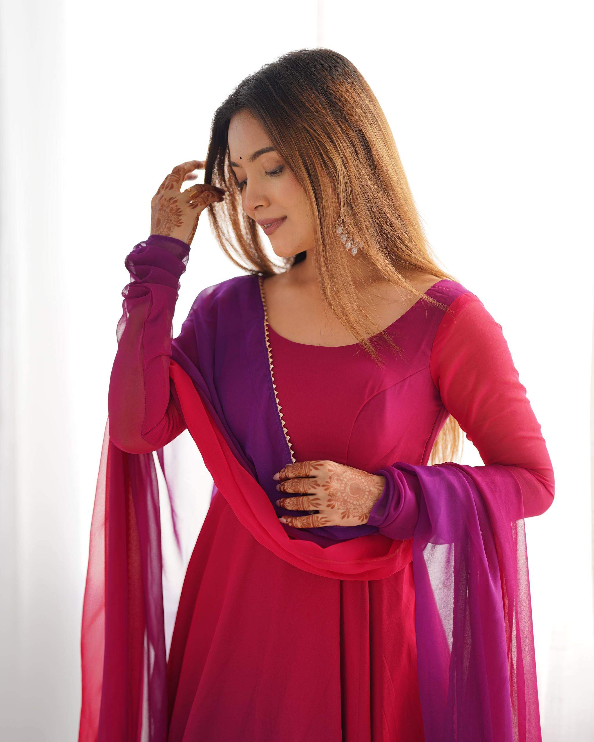 Flared Fox Georgette Anarkali Suit Set with Dupatta and Pant