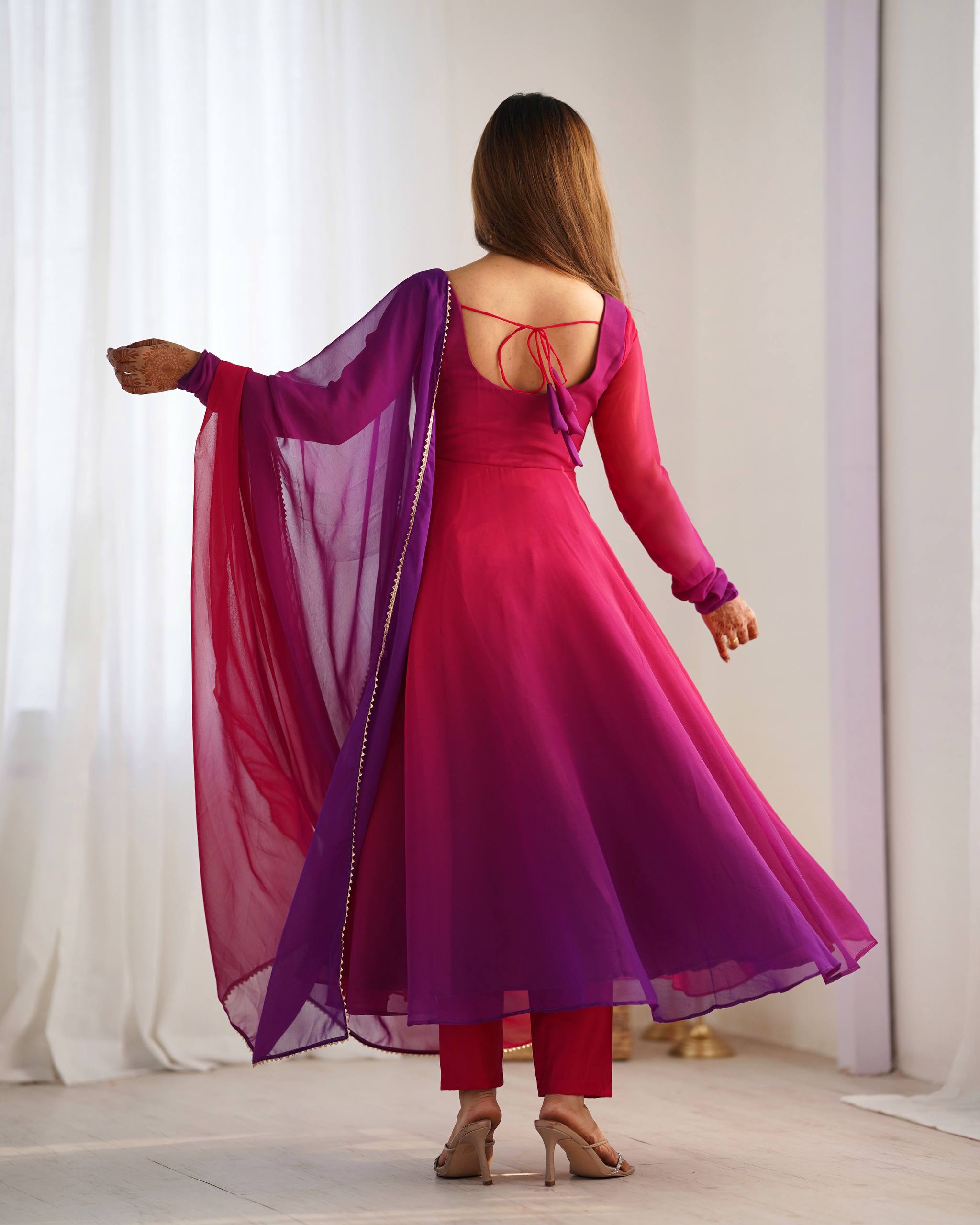 Flared Fox Georgette Anarkali Suit Set with Dupatta and Pant